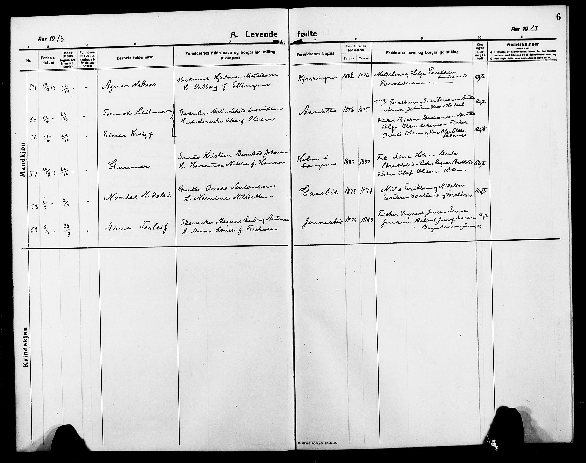 Ministerialprotokoller, klokkerbøker og fødselsregistre - Nordland, SAT/A-1459/895/L1383: Klokkerbok nr. 895C05, 1913-1922, s. 6