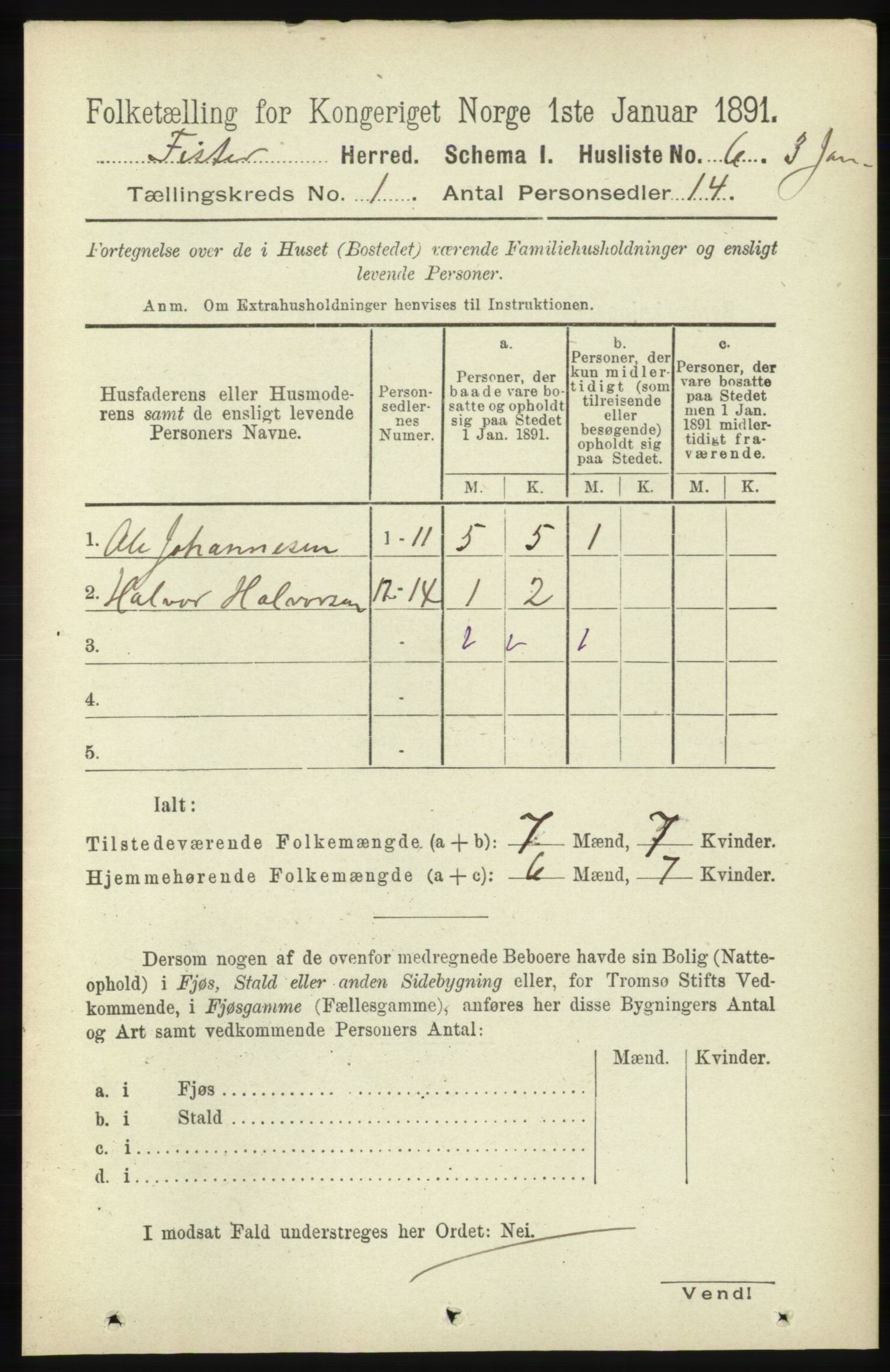 RA, Folketelling 1891 for 1132 Fister herred, 1891, s. 19