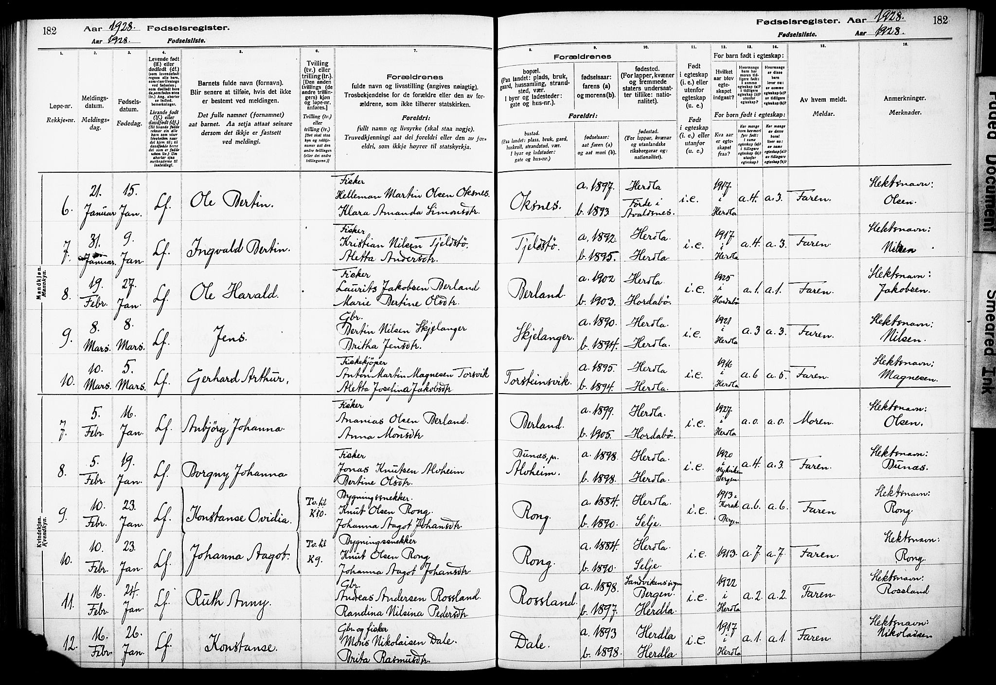 Herdla Sokneprestembete, AV/SAB-A-75701/I/Id/L00A1: Fødselsregister nr. A 1, 1916-1929, s. 182