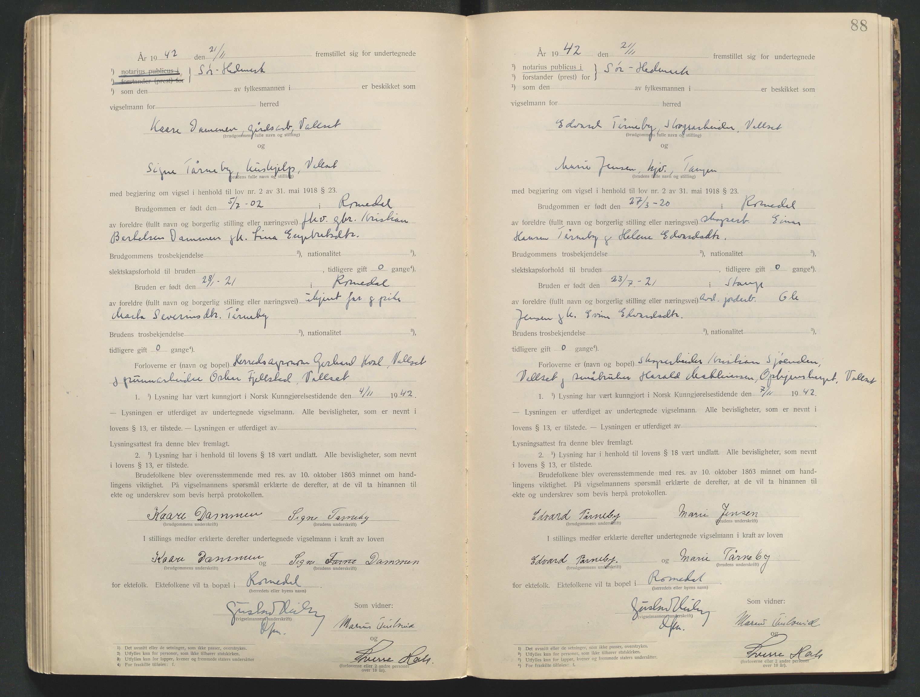 Sør-Hedmark sorenskriveri, AV/SAH-TING-014/L/Le/L0001/0002: Vigselbøker / Vigselbok, 1938-1942, s. 88