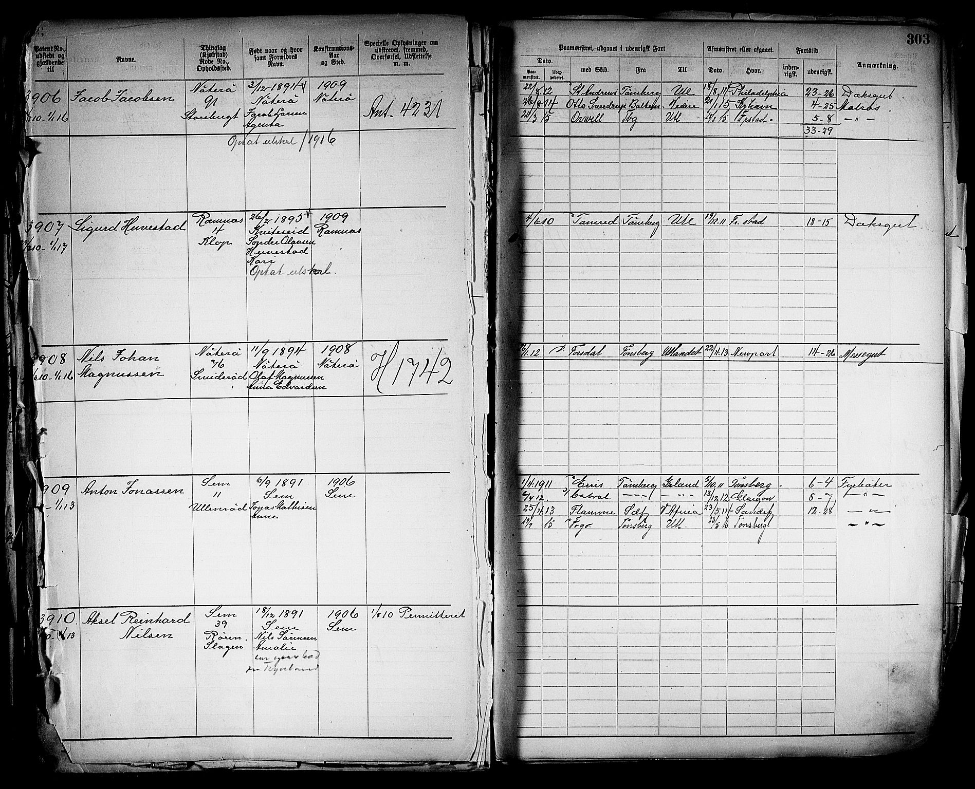 Tønsberg innrulleringskontor, SAKO/A-786/F/Fb/L0005: Annotasjonsrulle Patent nr. 2401-4080, 1904-1910, s. 305