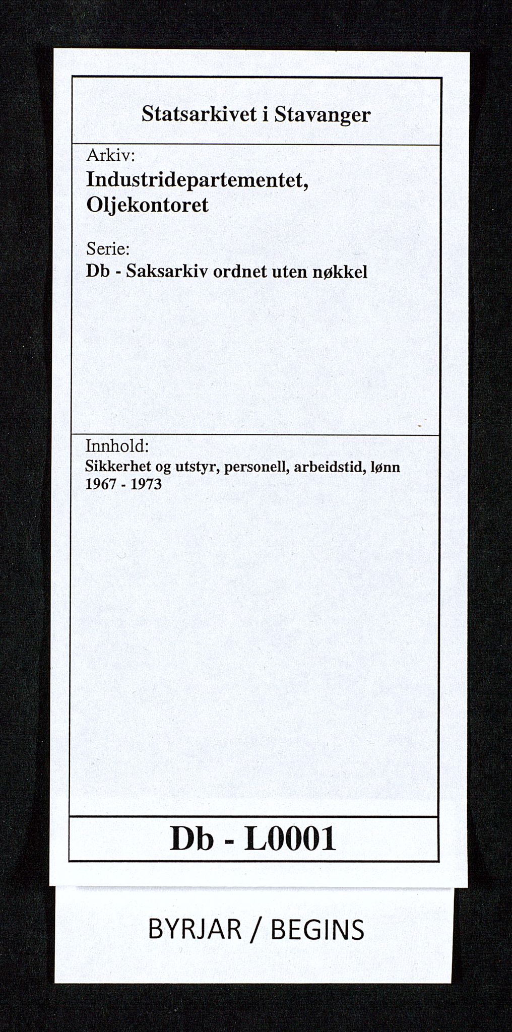 Industridepartementet, Oljekontoret, AV/SAST-A-101348/Db/L0001: Sikkerhet og utstyr, personell, arbeidstid, lønn, 1967-1973, s. 1