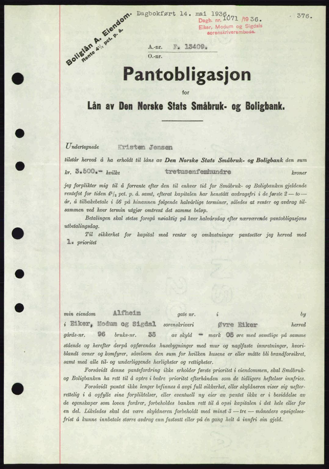 Eiker, Modum og Sigdal sorenskriveri, SAKO/A-123/G/Ga/Gab/L0032: Pantebok nr. A2, 1936-1936, Dagboknr: 1071/1936