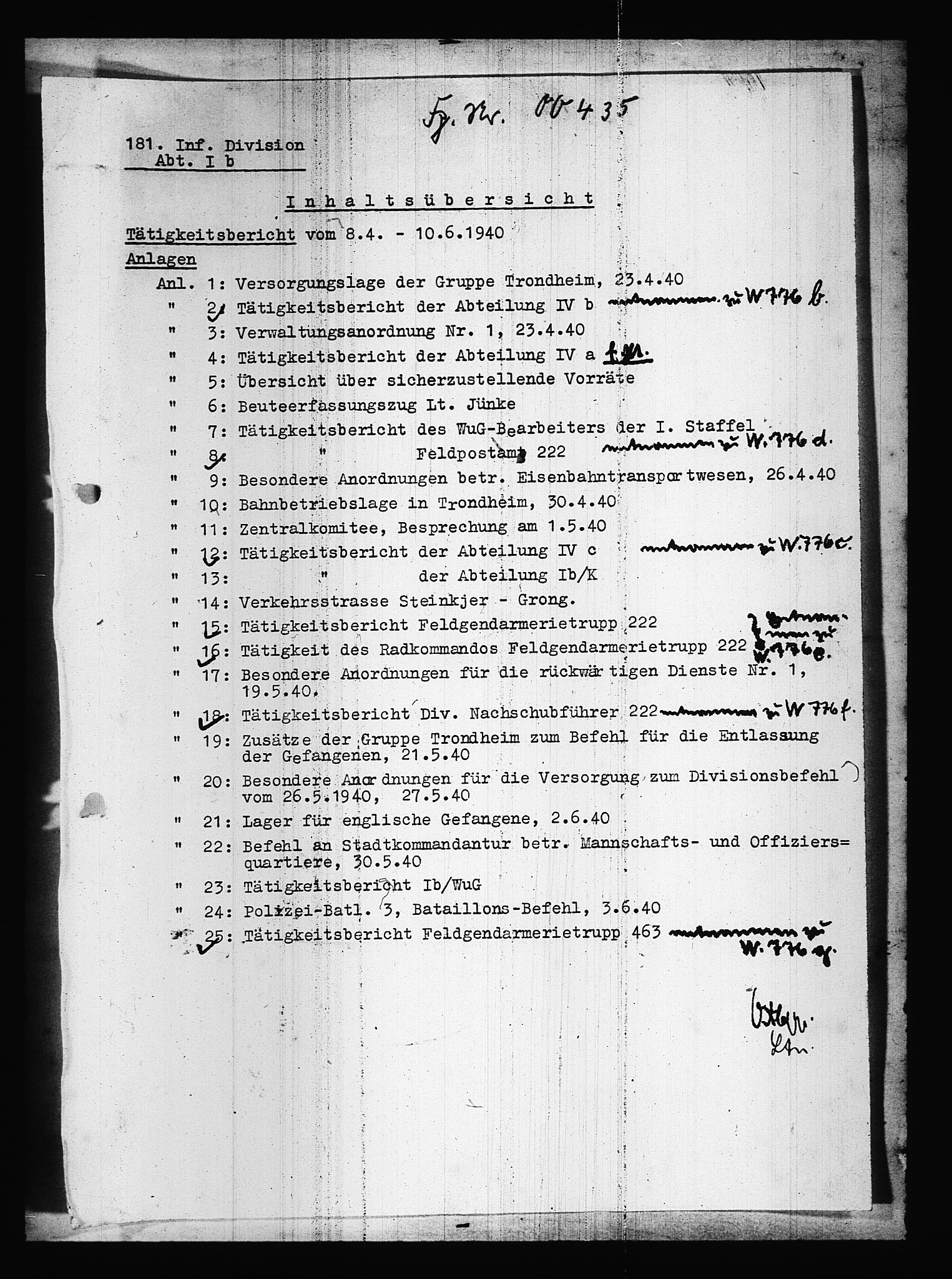 Documents Section, AV/RA-RAFA-2200/V/L0087: Amerikansk mikrofilm "Captured German Documents".
Box No. 726.  FKA jnr. 601/1954., 1940, s. 217