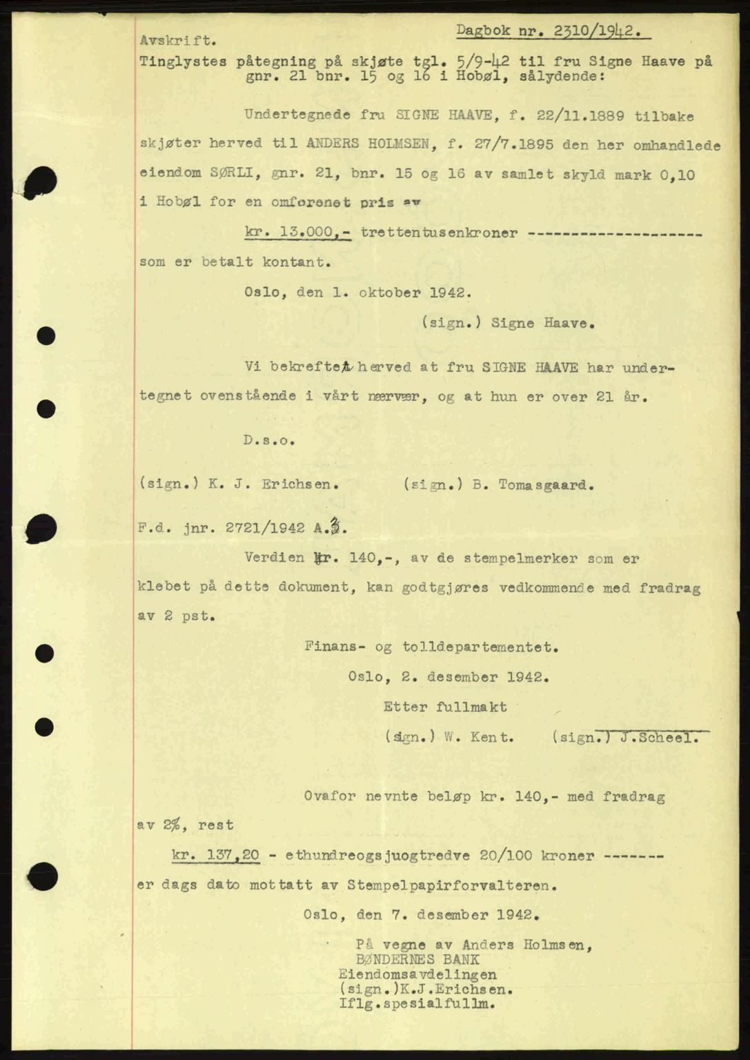 Moss sorenskriveri, SAO/A-10168: Pantebok nr. A10, 1942-1943, Dagboknr: 2310/1942