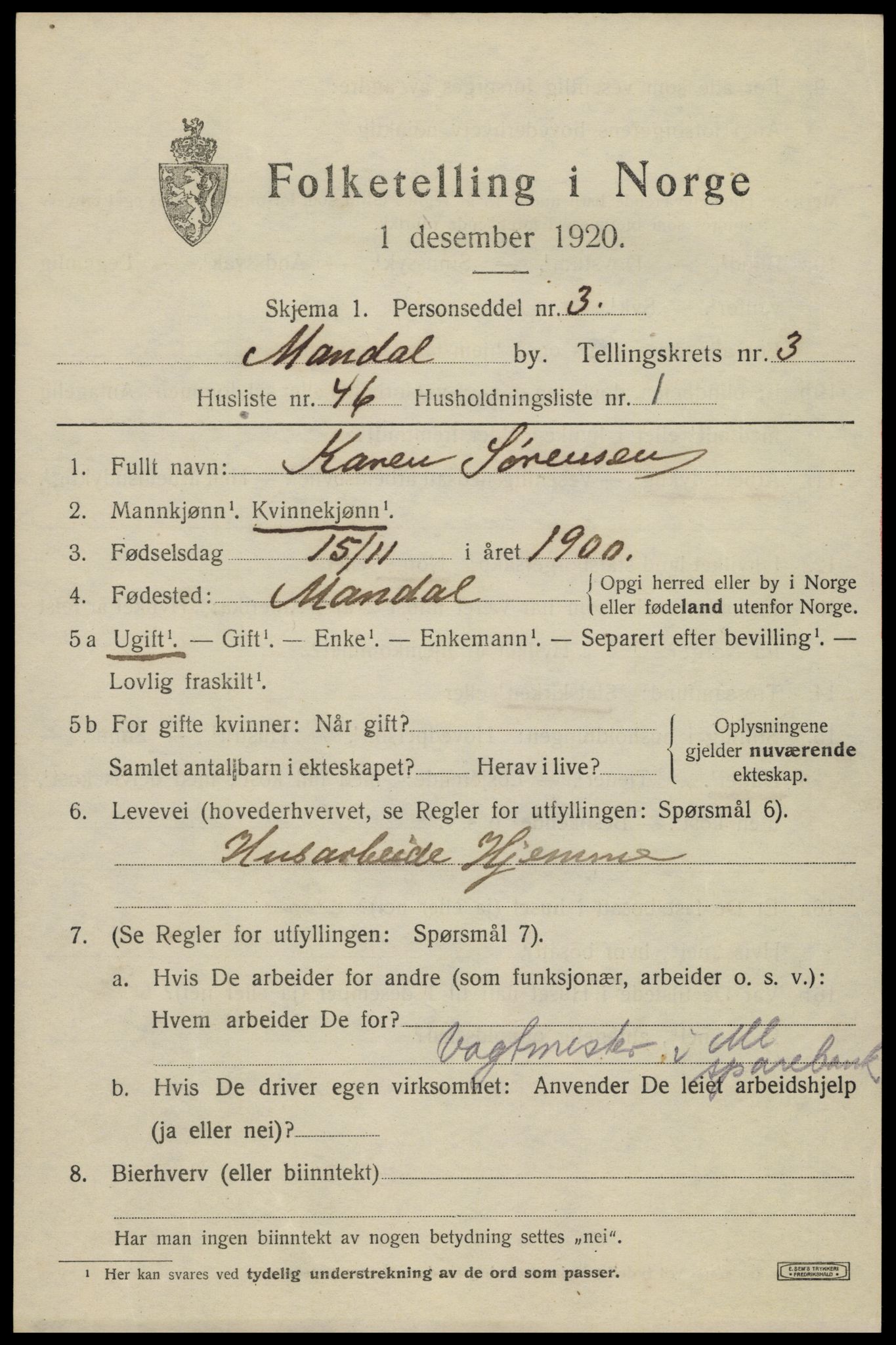 SAK, Folketelling 1920 for 1002 Mandal ladested, 1920, s. 5901
