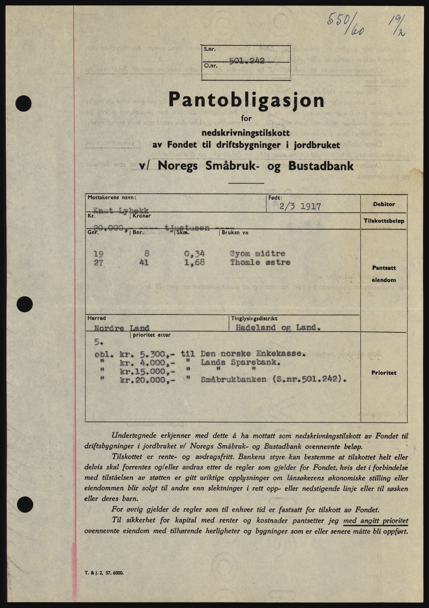 Hadeland og Land tingrett, SAH/TING-010/H/Hb/Hbc/L0042: Pantebok nr. B42, 1959-1960, Dagboknr: 550/1960
