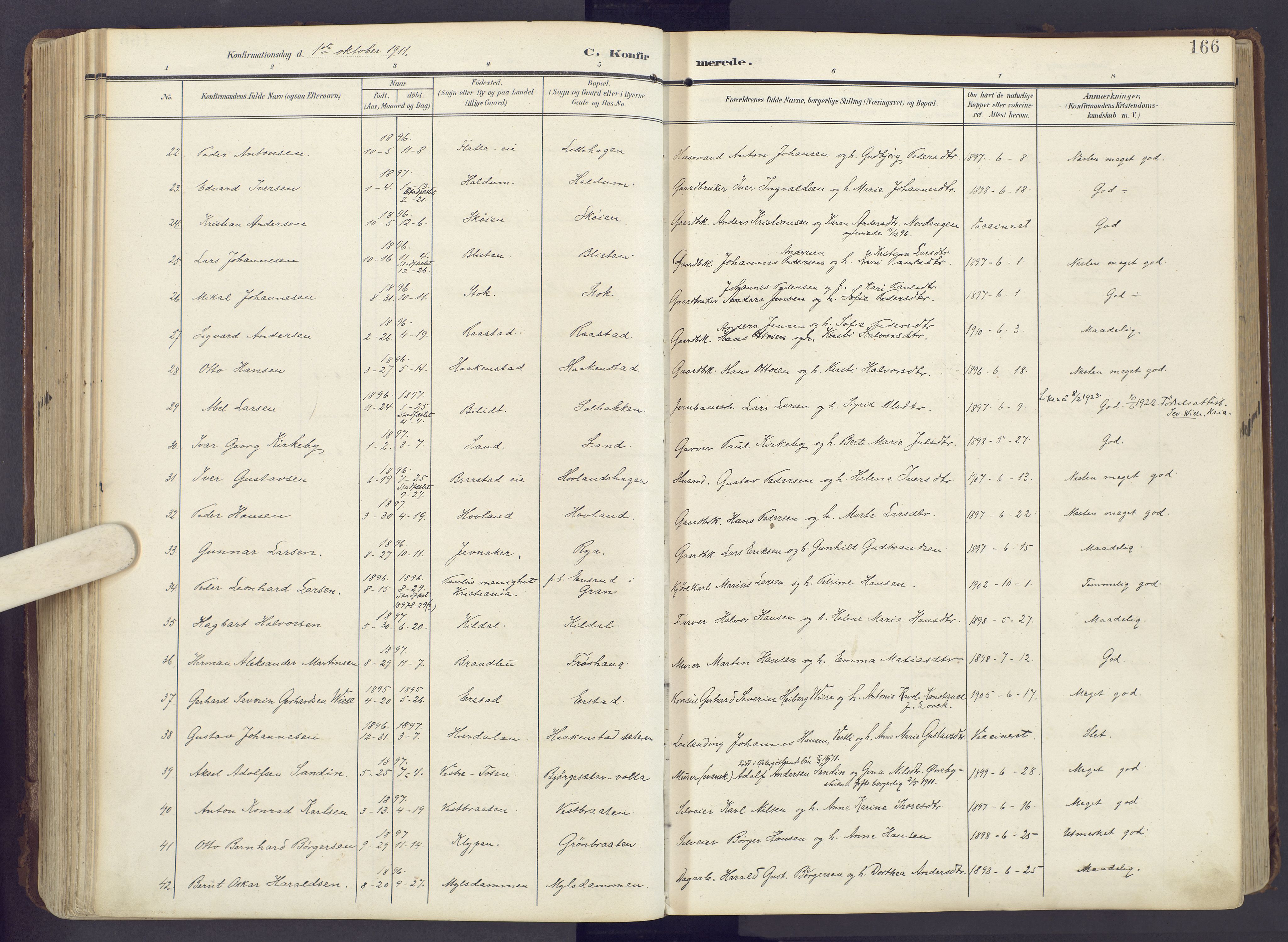 Lunner prestekontor, SAH/PREST-118/H/Ha/Haa/L0001: Ministerialbok nr. 1, 1907-1922, s. 166