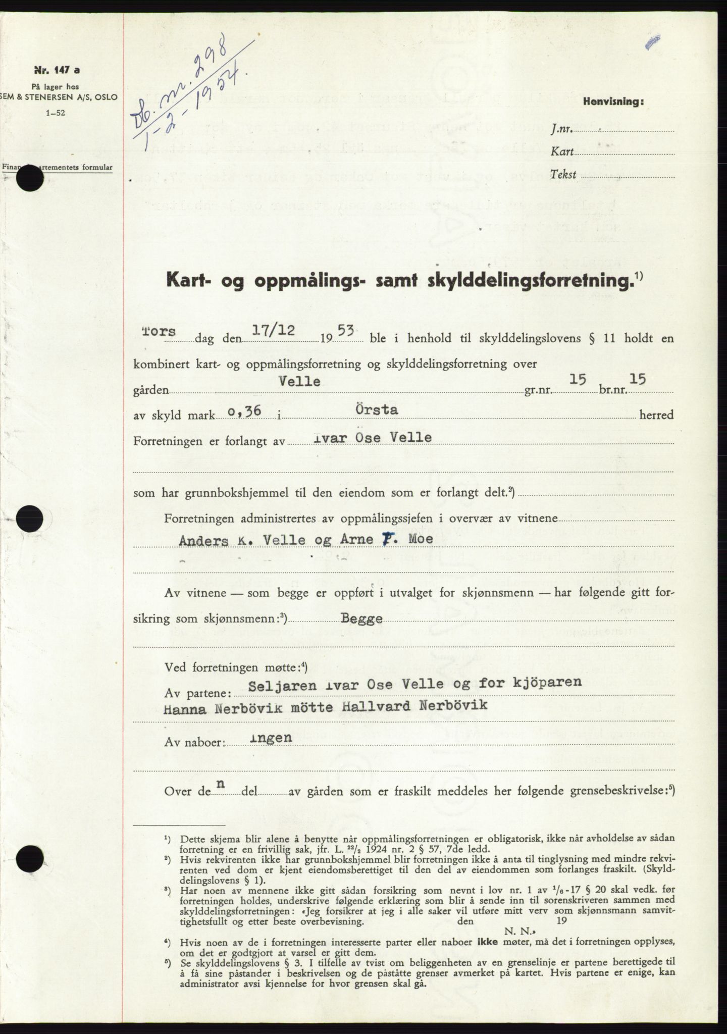 Søre Sunnmøre sorenskriveri, SAT/A-4122/1/2/2C/L0097: Pantebok nr. 23A, 1954-1954, Dagboknr: 298/1954