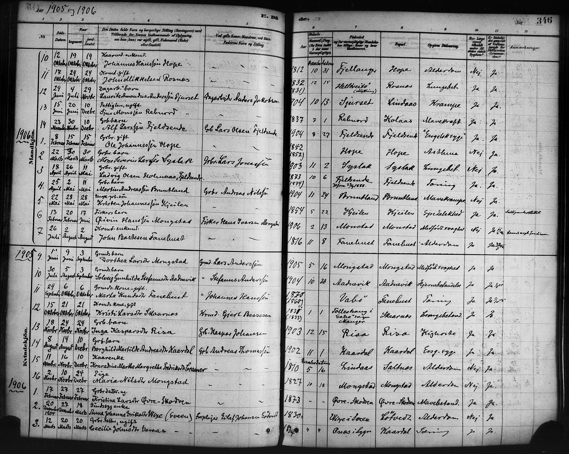 Lindås Sokneprestembete, AV/SAB-A-76701/H/Haa/Haaa/L0019: Ministerialbok nr. A 19, 1878-1912, s. 346