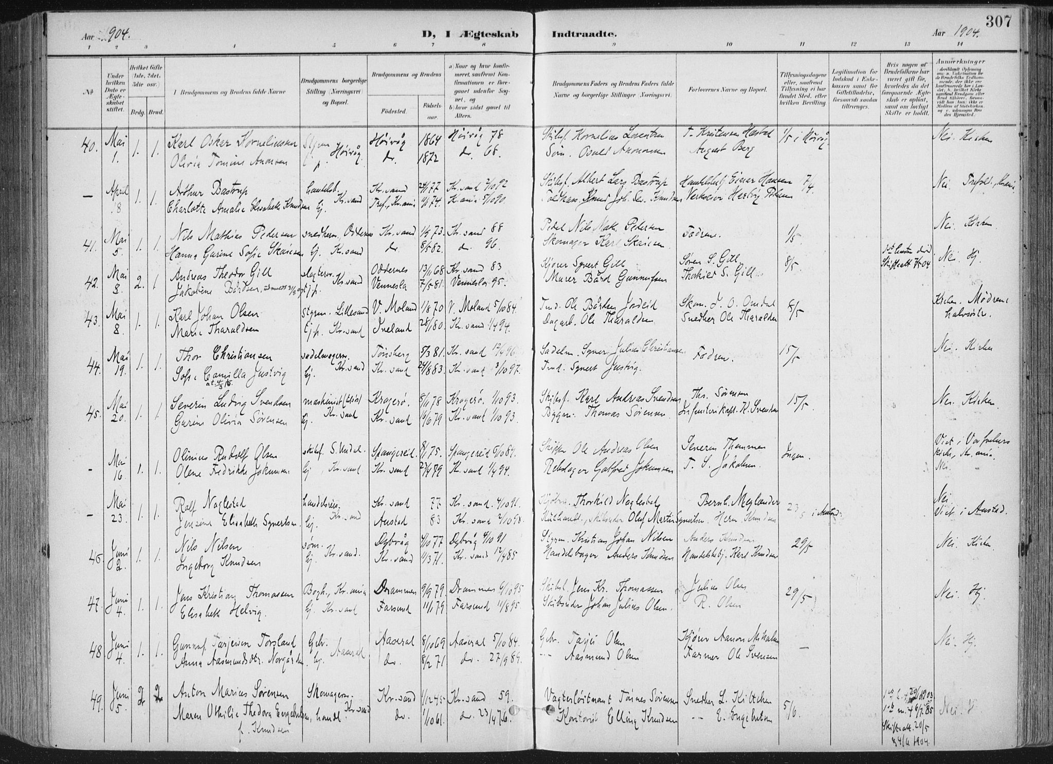Kristiansand domprosti, AV/SAK-1112-0006/F/Fa/L0021: Ministerialbok nr. A 20, 1898-1908, s. 307