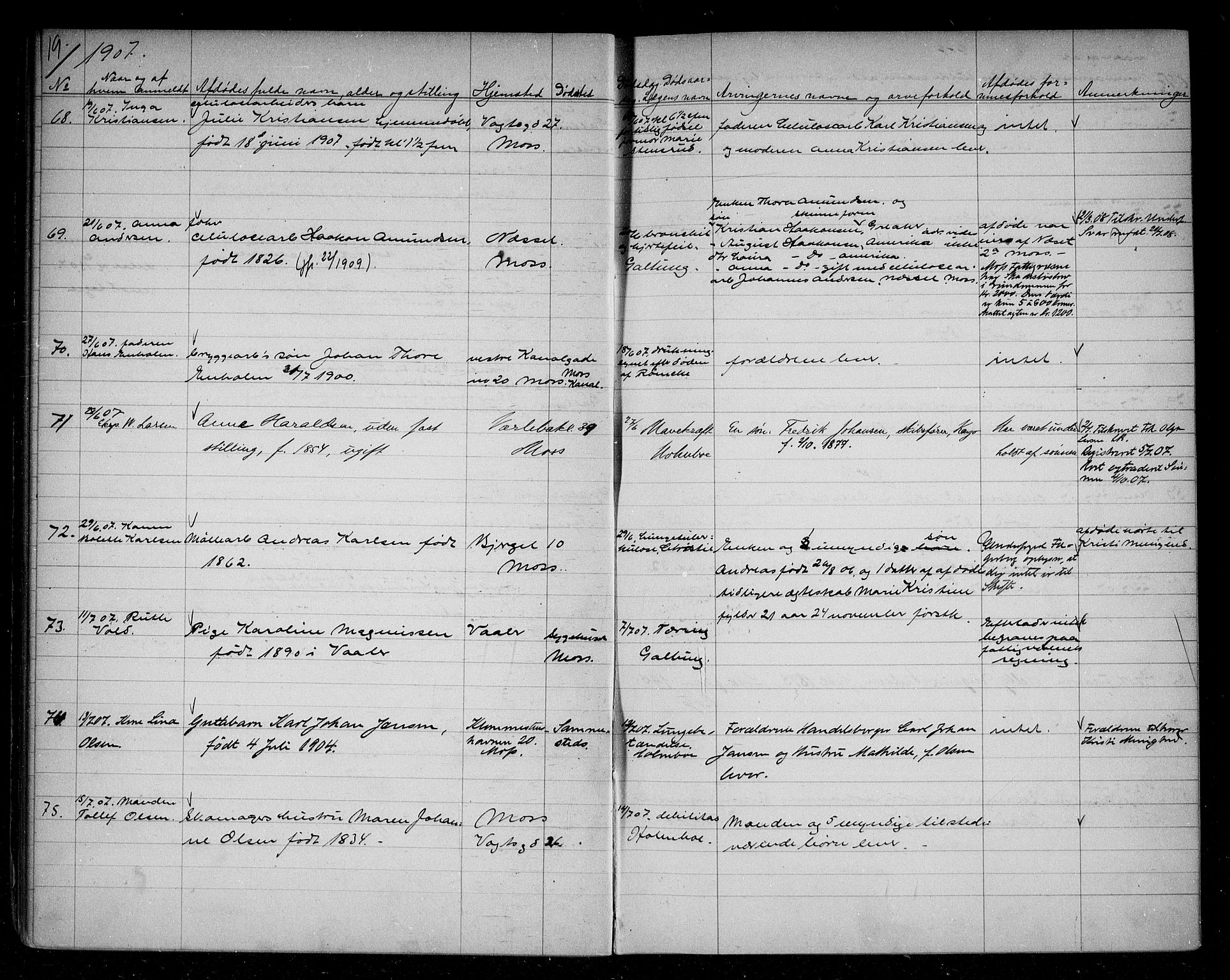 Moss byfogd, AV/SAO-A-10863/H/Ha/Hab/L0004: Dødsanmeldelsesprotokoll, 1906-1914, s. 19