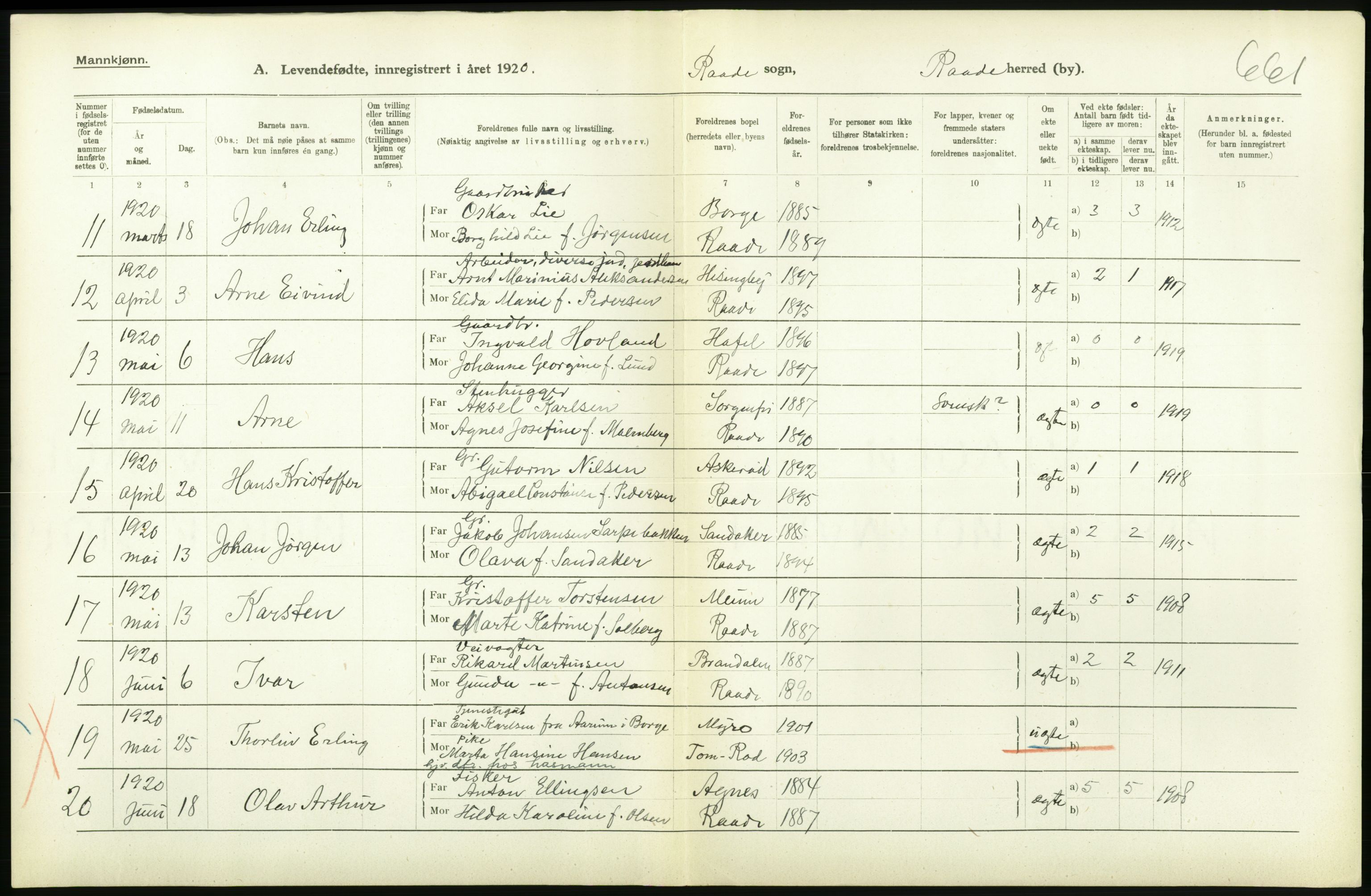 Statistisk sentralbyrå, Sosiodemografiske emner, Befolkning, RA/S-2228/D/Df/Dfb/Dfbj/L0001: Østfold fylke: Levendefødte menn og kvinner. Bygder., 1920, s. 52