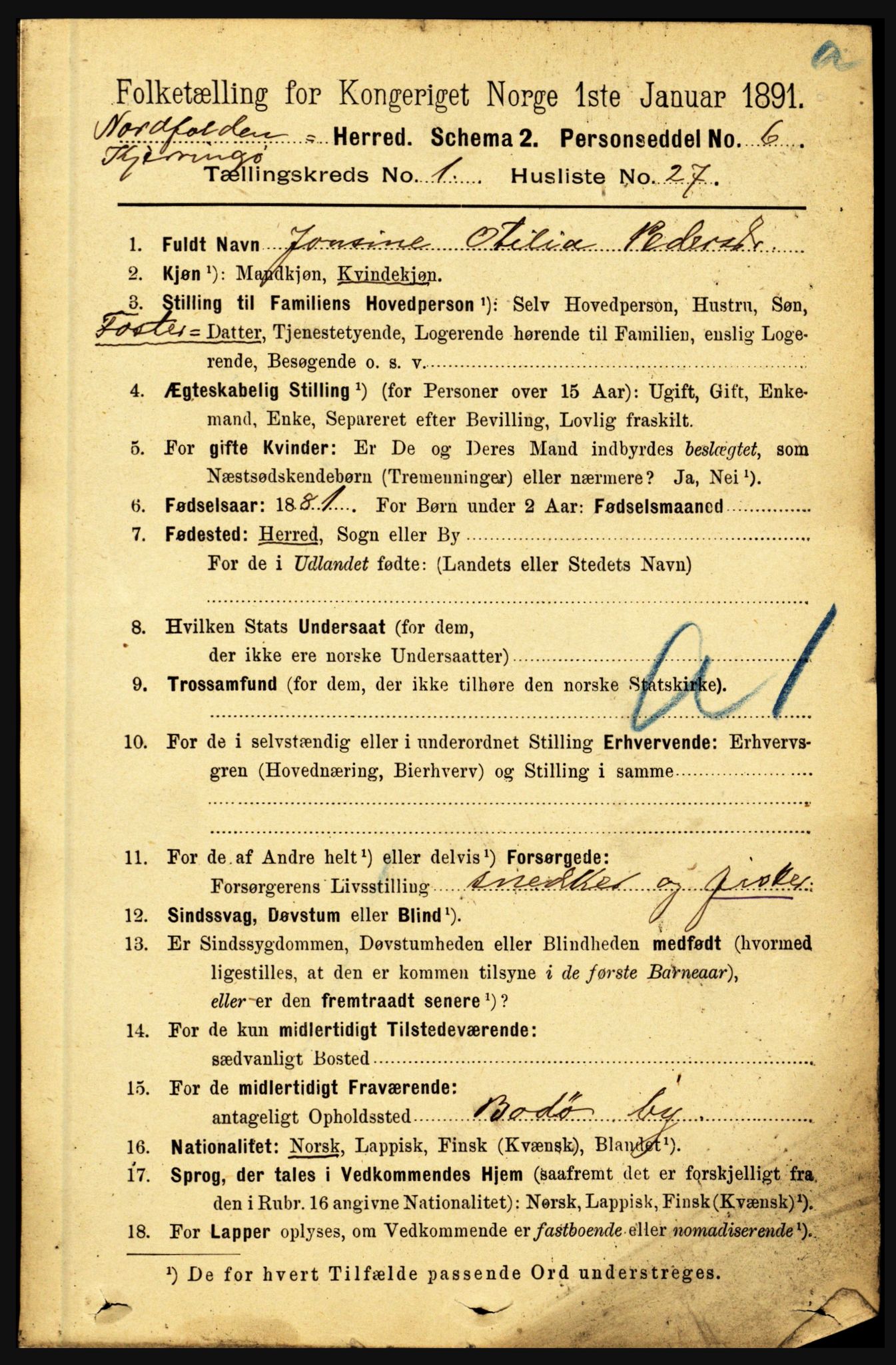 RA, Folketelling 1891 for 1846 Nordfold-Kjerringøy herred, 1891, s. 261