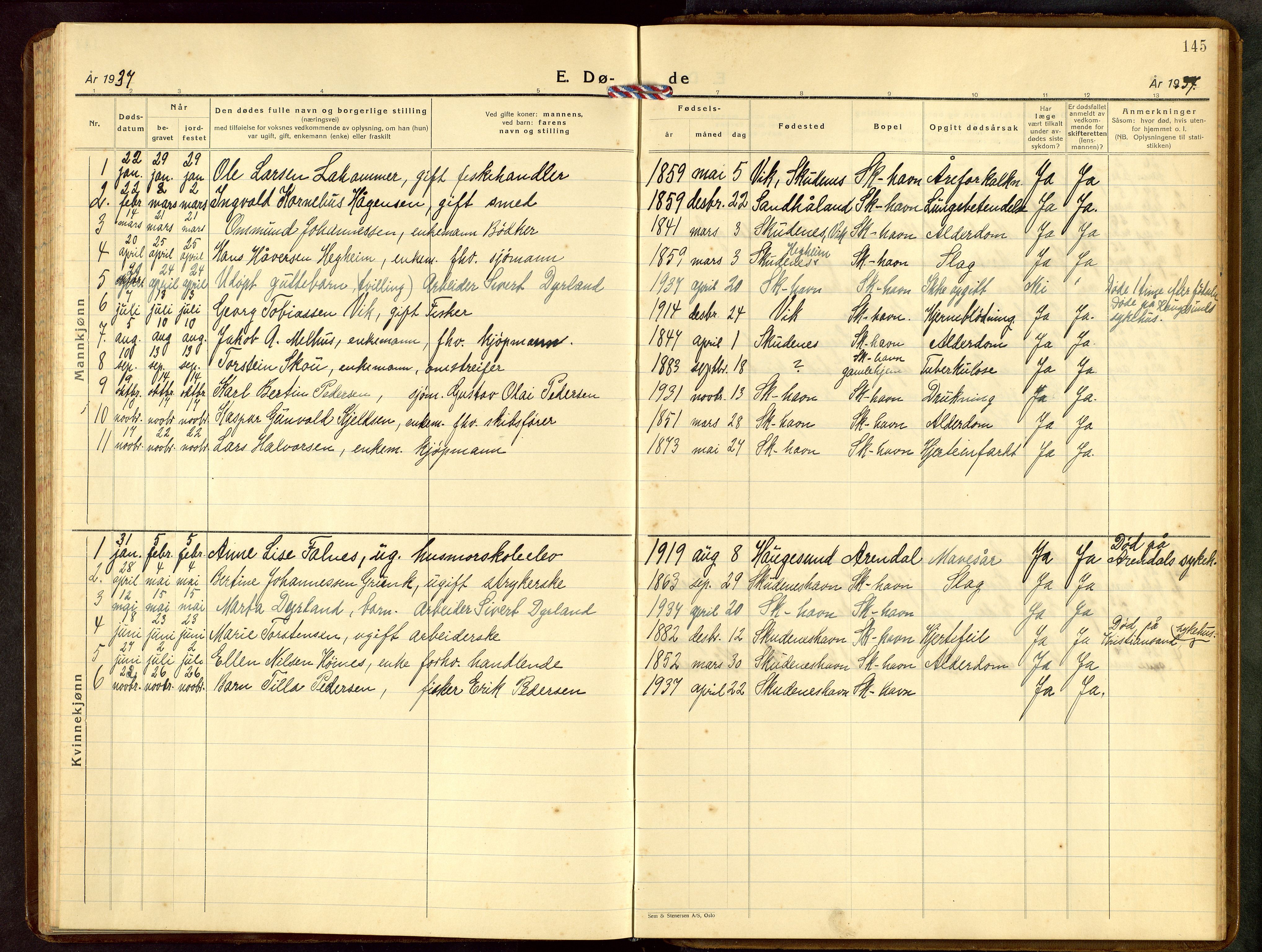 Skudenes sokneprestkontor, AV/SAST-A -101849/H/Ha/Hab/L0014: Klokkerbok nr. B 14, 1937-1956, s. 145