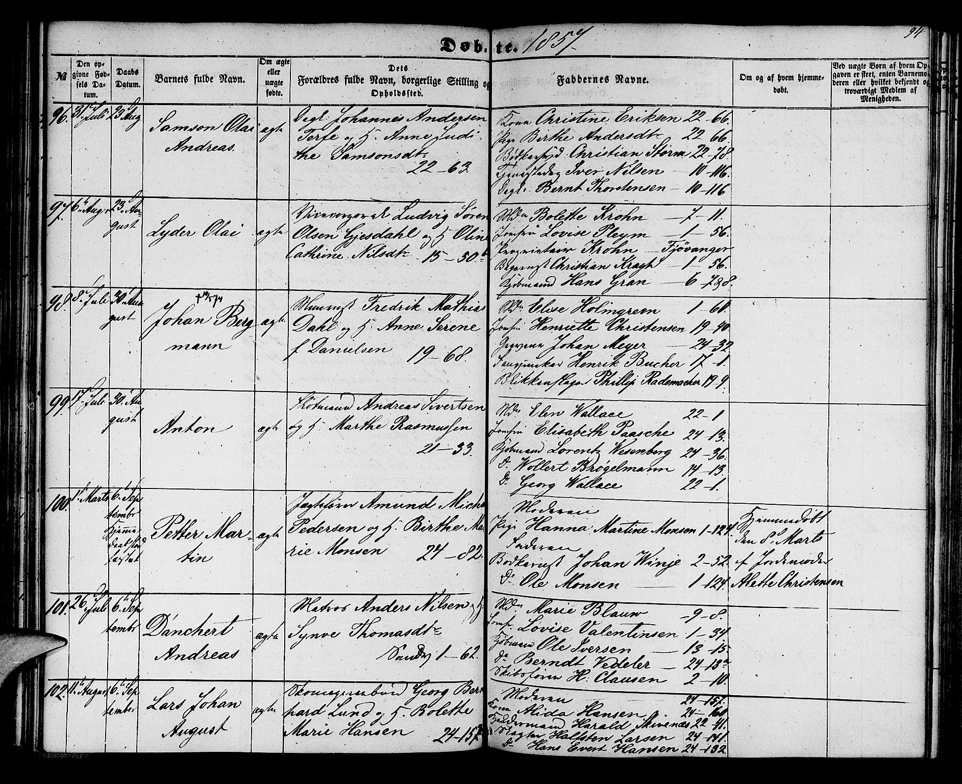 Korskirken sokneprestembete, AV/SAB-A-76101/H/Hab: Klokkerbok nr. B 3, 1853-1858, s. 94