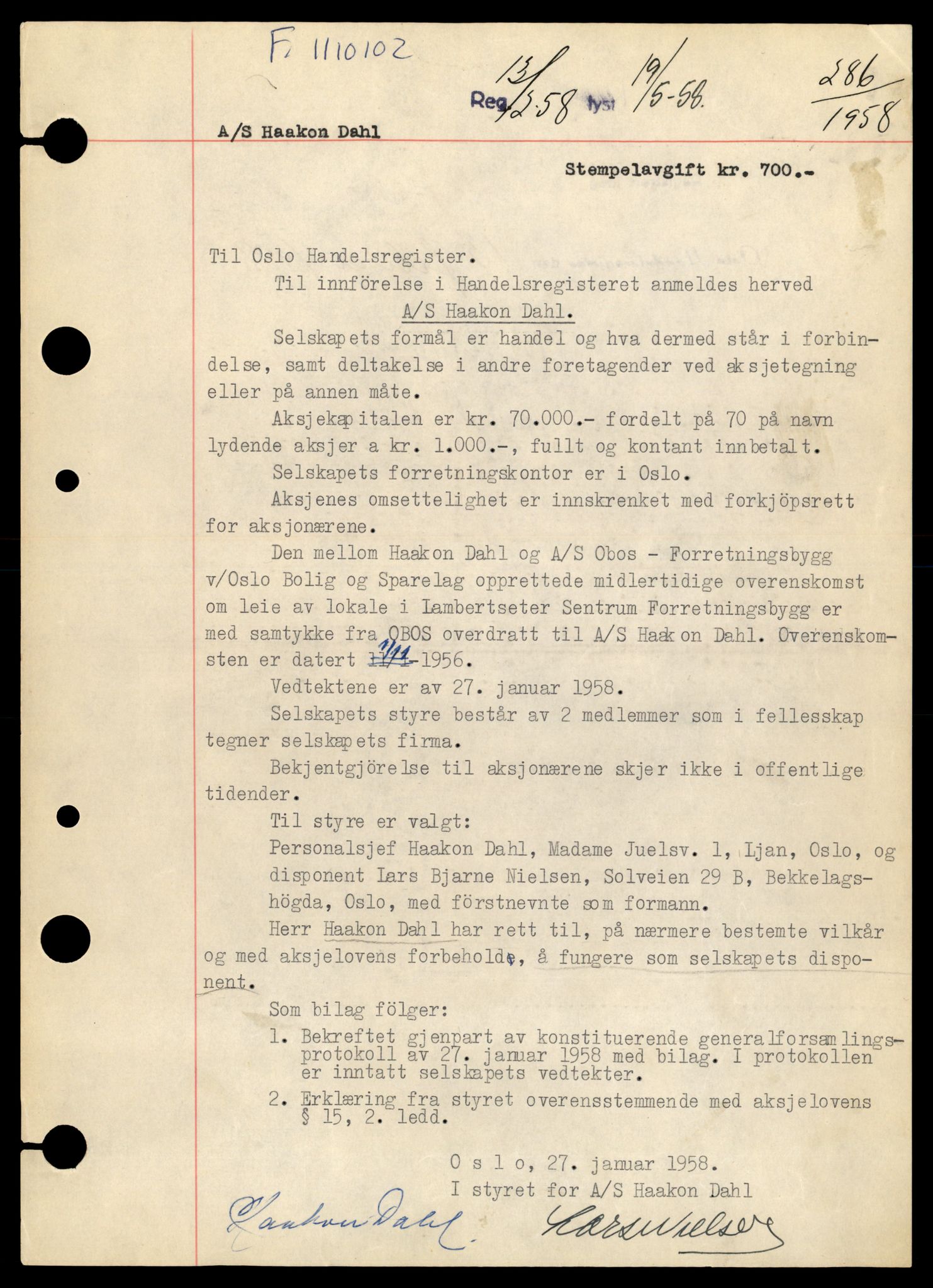 Oslo byfogd, Handelsregisteret, AV/SAT-A-10867/G/Gb/Gbb/L0106: Registreringsmeldinger, H-K, 1988, s. 1