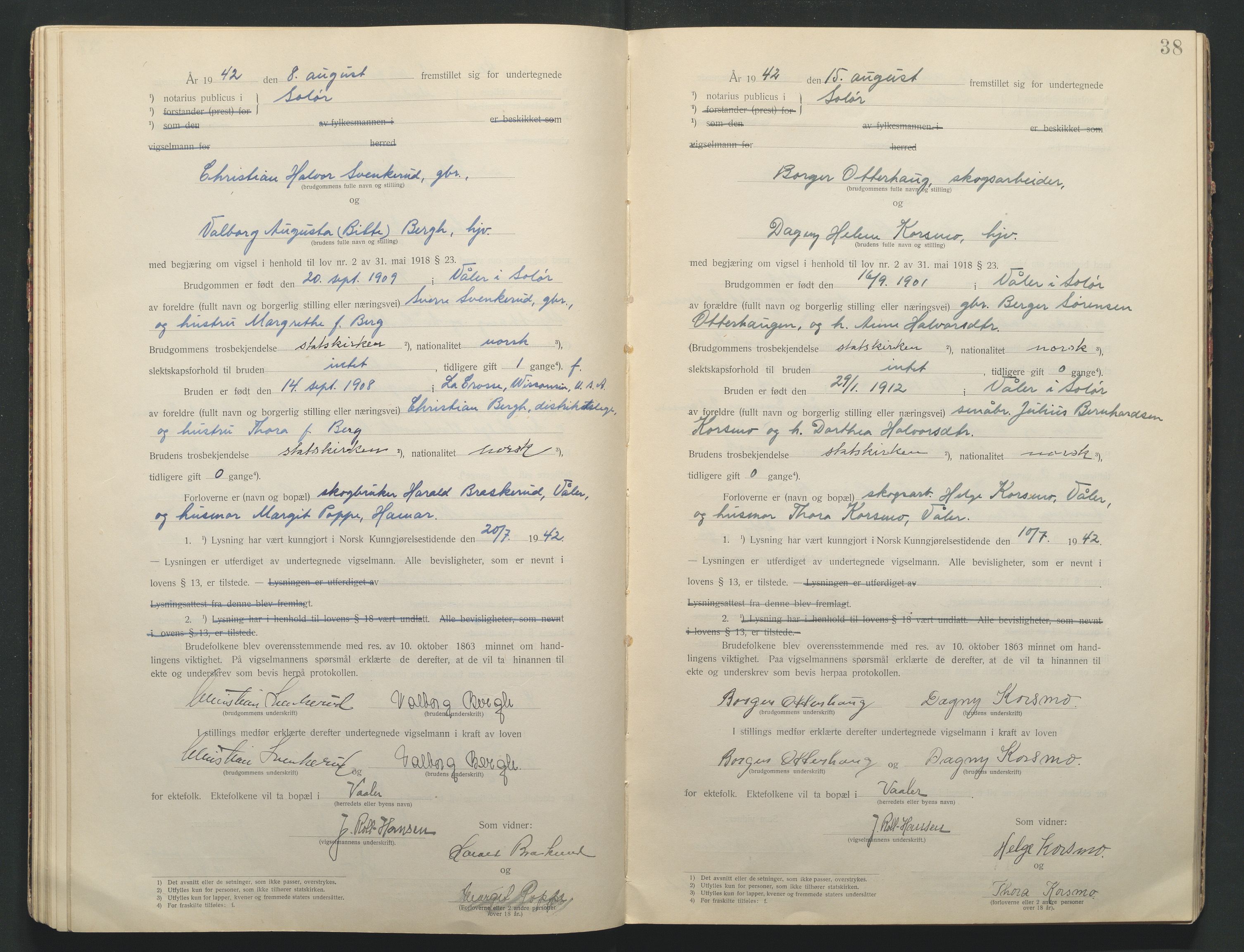 Solør tingrett, AV/SAH-TING-008/L/Lb/L0001: Vigselprotokoll, 1920-1943, s. 38