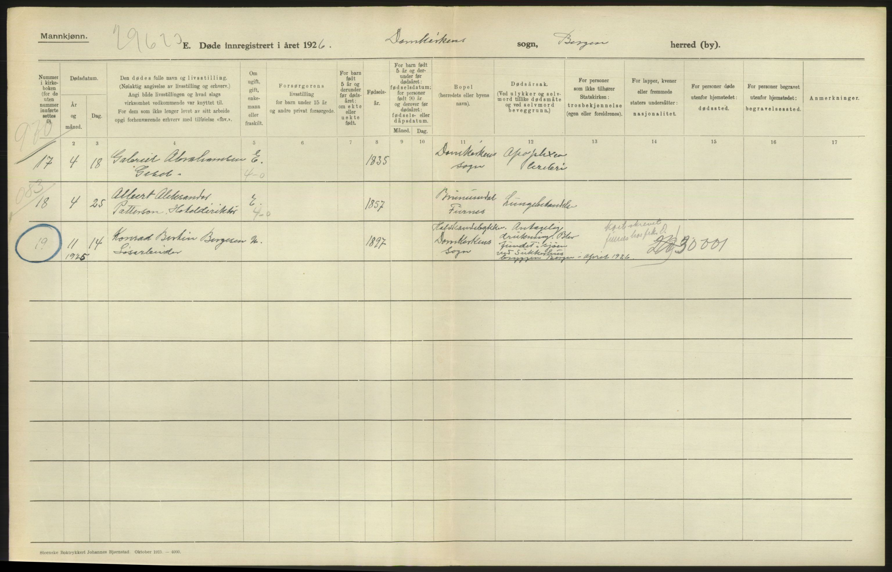 Statistisk sentralbyrå, Sosiodemografiske emner, Befolkning, RA/S-2228/D/Df/Dfc/Dfcf/L0028: Bergen: Gifte, døde, dødfødte., 1926, s. 614