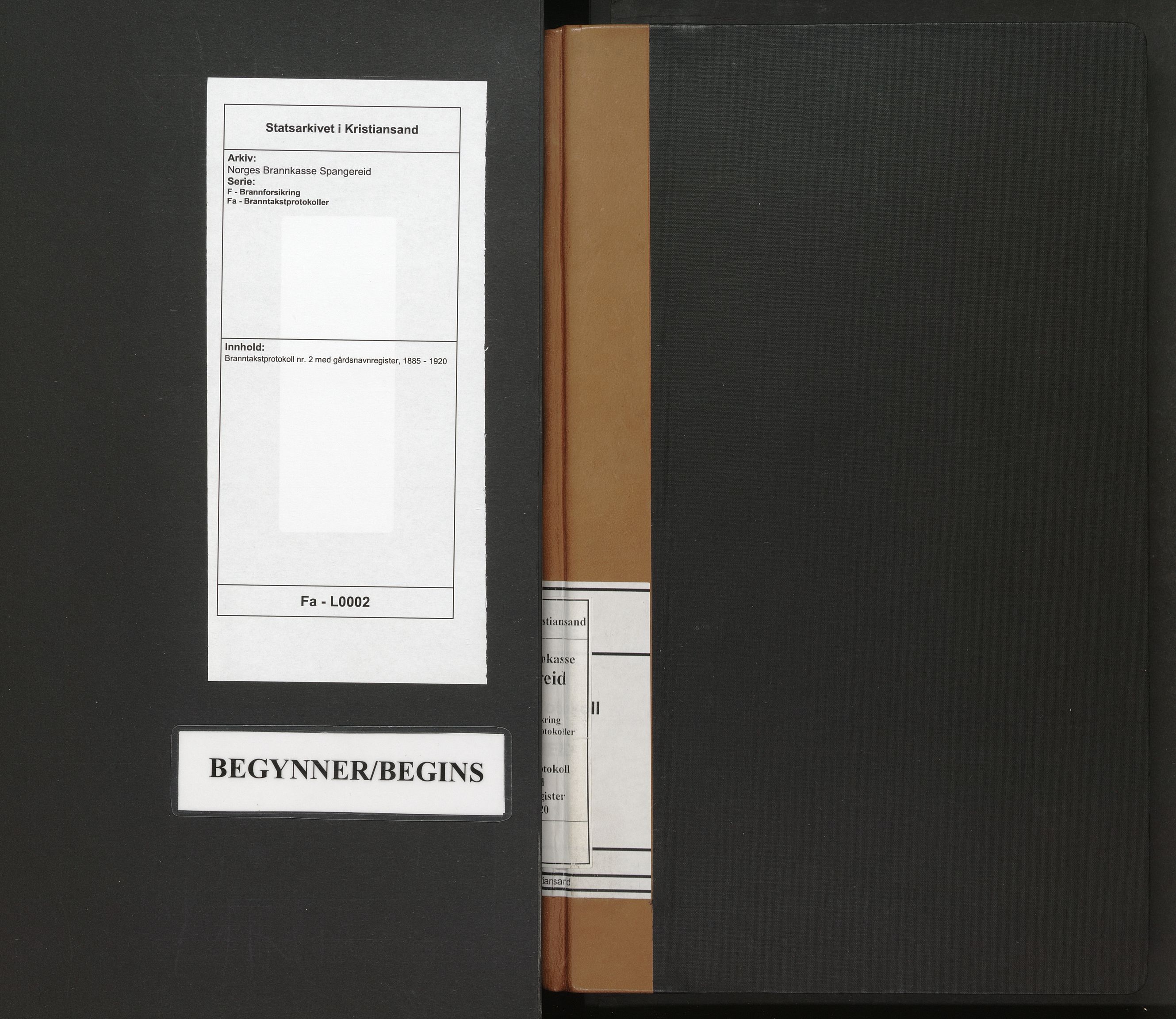 Norges Brannkasse Spangereid, SAK/2241-0045/F/Fa/L0002: Branntakstprotokoll nr. 2 med gårdsnavnregister, 1885-1920