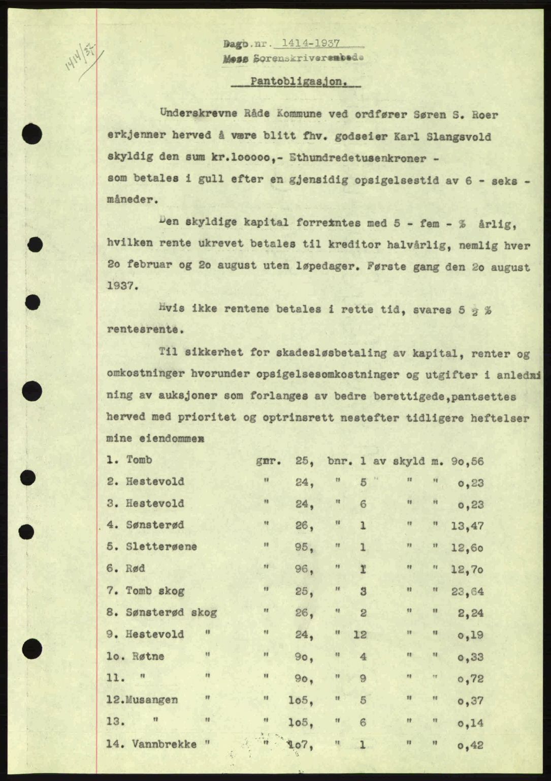 Moss sorenskriveri, SAO/A-10168: Pantebok nr. B4, 1937-1938, Dagboknr: 1414/1937