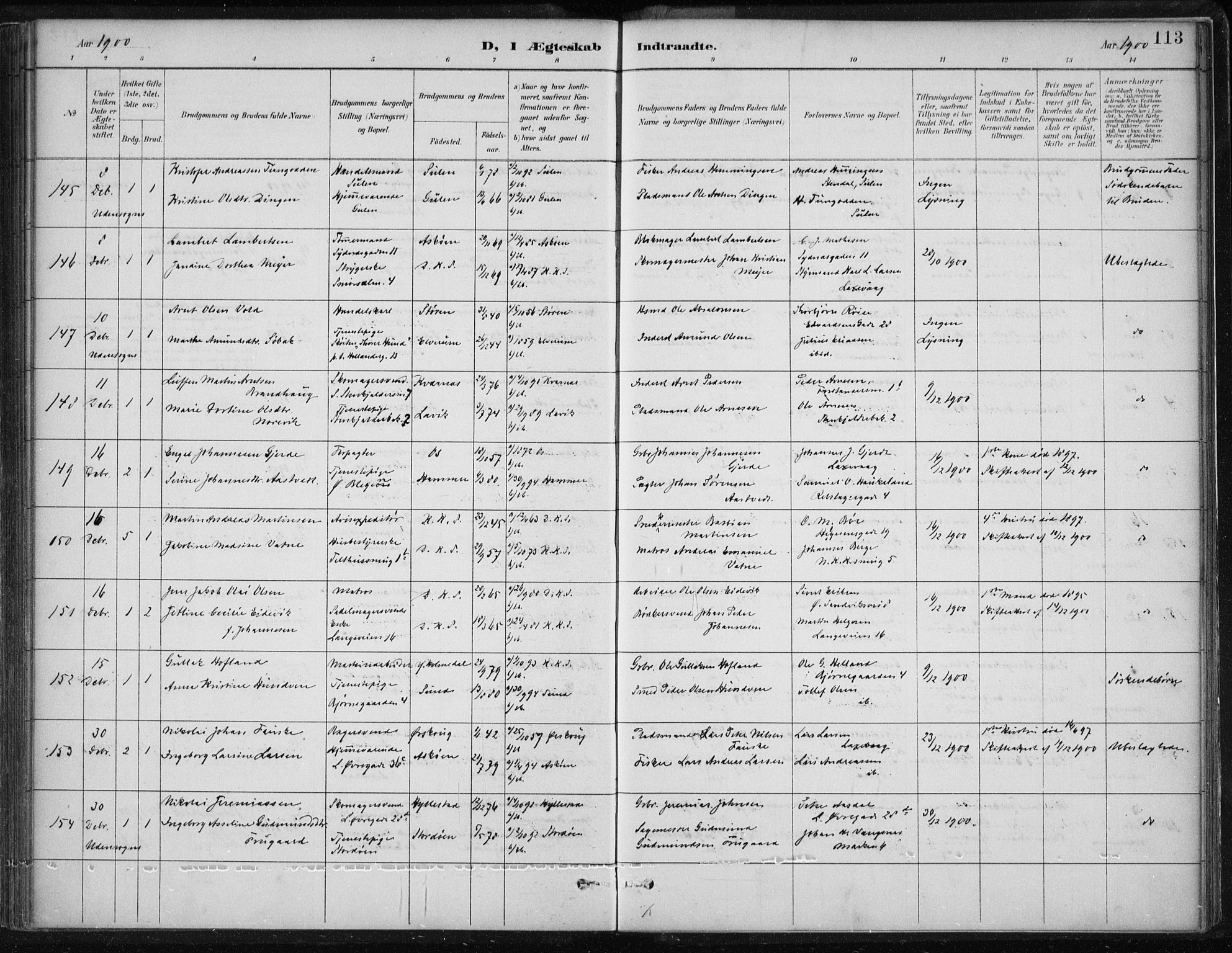 Korskirken sokneprestembete, SAB/A-76101/H/Hab: Klokkerbok nr. D 3, 1887-1906, s. 113