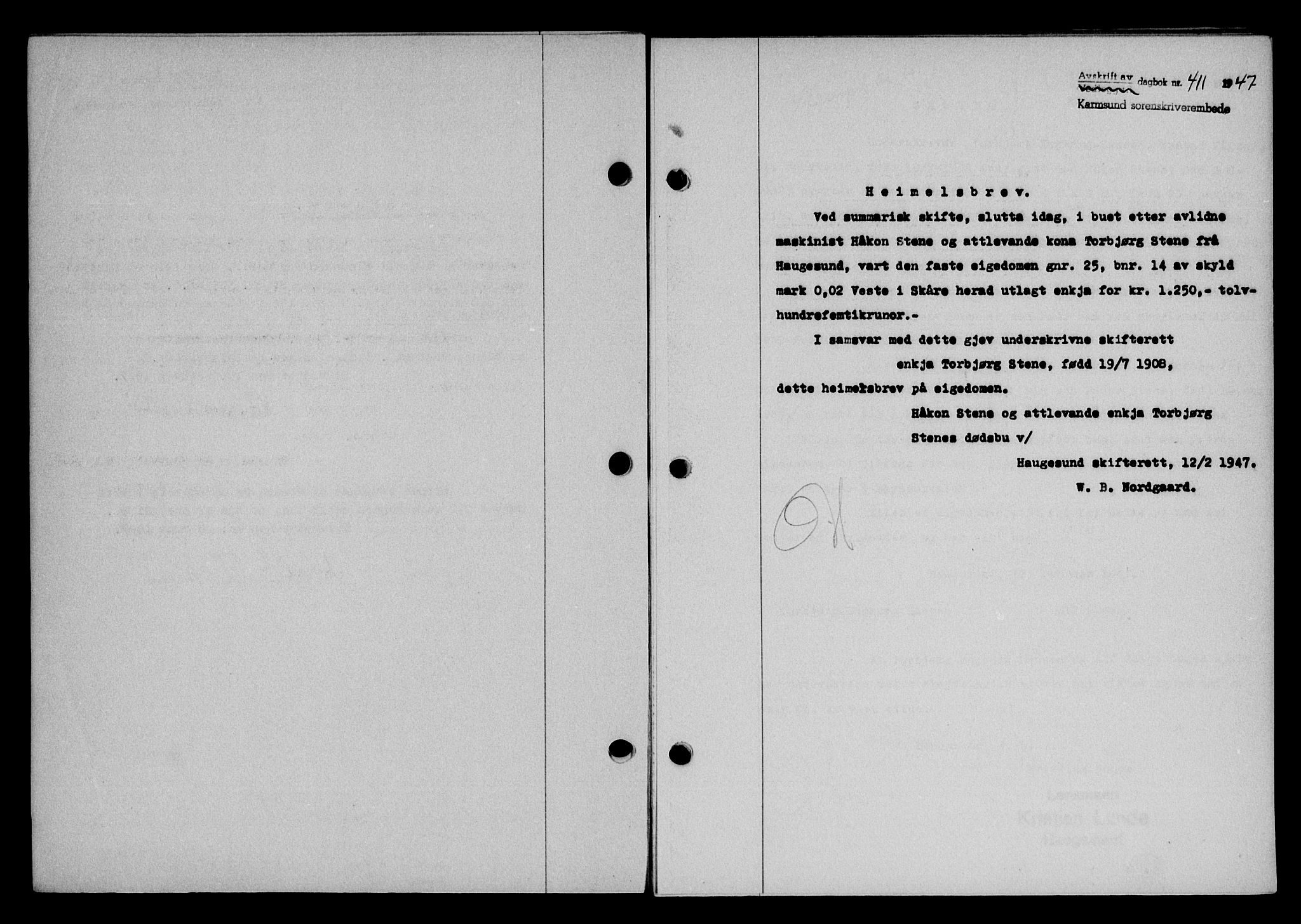 Karmsund sorenskriveri, SAST/A-100311/01/II/IIB/L0089: Pantebok nr. 69A, 1947-1947, Dagboknr: 411/1947