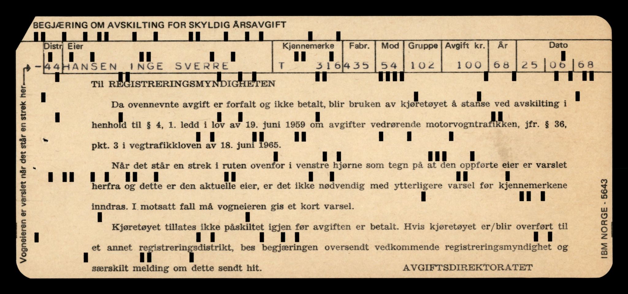 Møre og Romsdal vegkontor - Ålesund trafikkstasjon, SAT/A-4099/F/Fe/L0003: Registreringskort for kjøretøy T 232 - T 340, 1927-1998, s. 3076