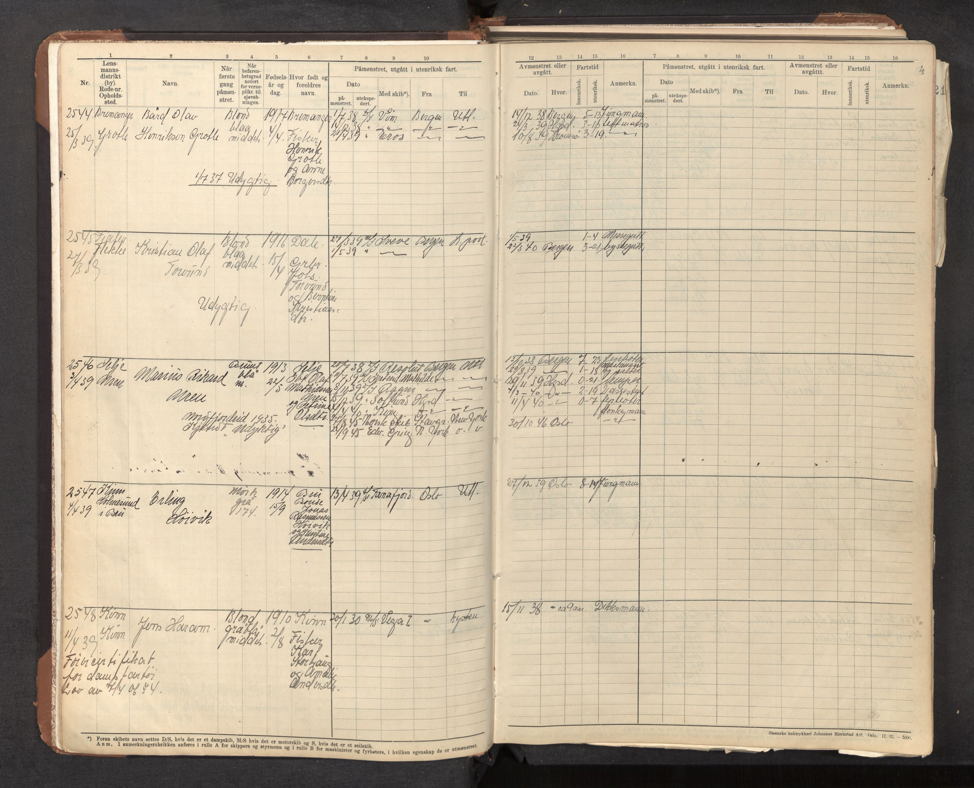 Innrulleringssjefen i Bergen, AV/SAB-A-100050/F/Ff/L0003: Sjøfartsrulle, nr. 2529 - 3511, 1939-1949, s. 4