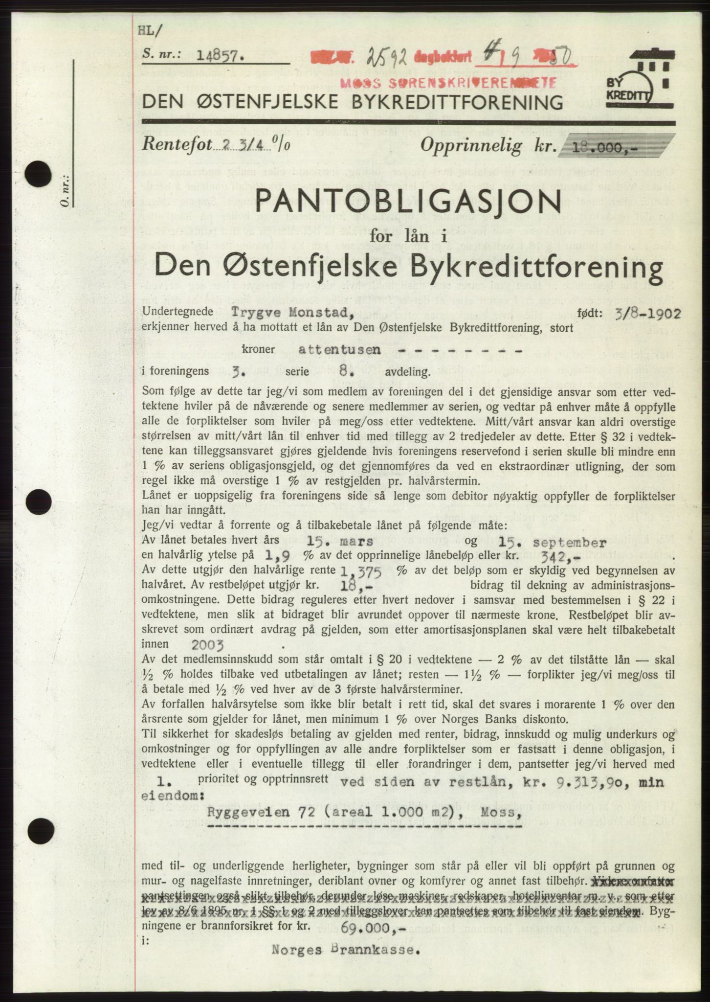 Moss sorenskriveri, SAO/A-10168: Pantebok nr. B25, 1950-1950, Dagboknr: 2592/1950