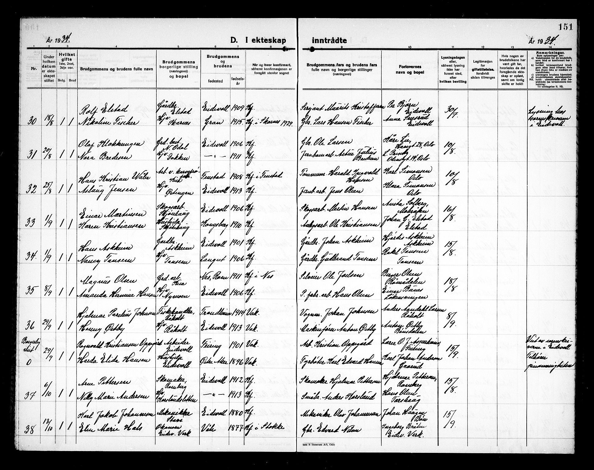 Eidsvoll prestekontor Kirkebøker, AV/SAO-A-10888/G/Ga/L0011: Klokkerbok nr. I 11, 1926-1936, s. 151
