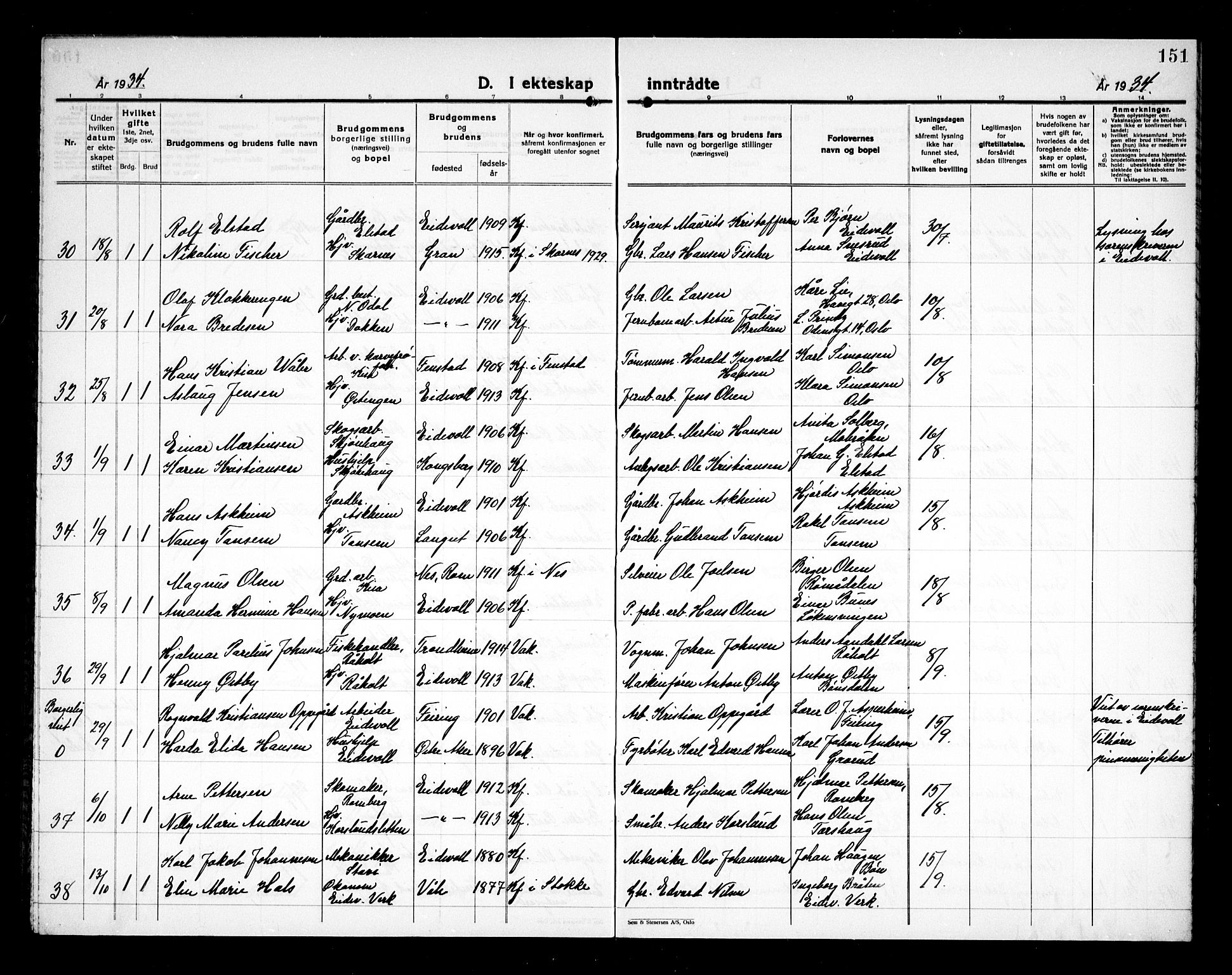 Eidsvoll prestekontor Kirkebøker, SAO/A-10888/G/Ga/L0011: Klokkerbok nr. I 11, 1926-1936, s. 151