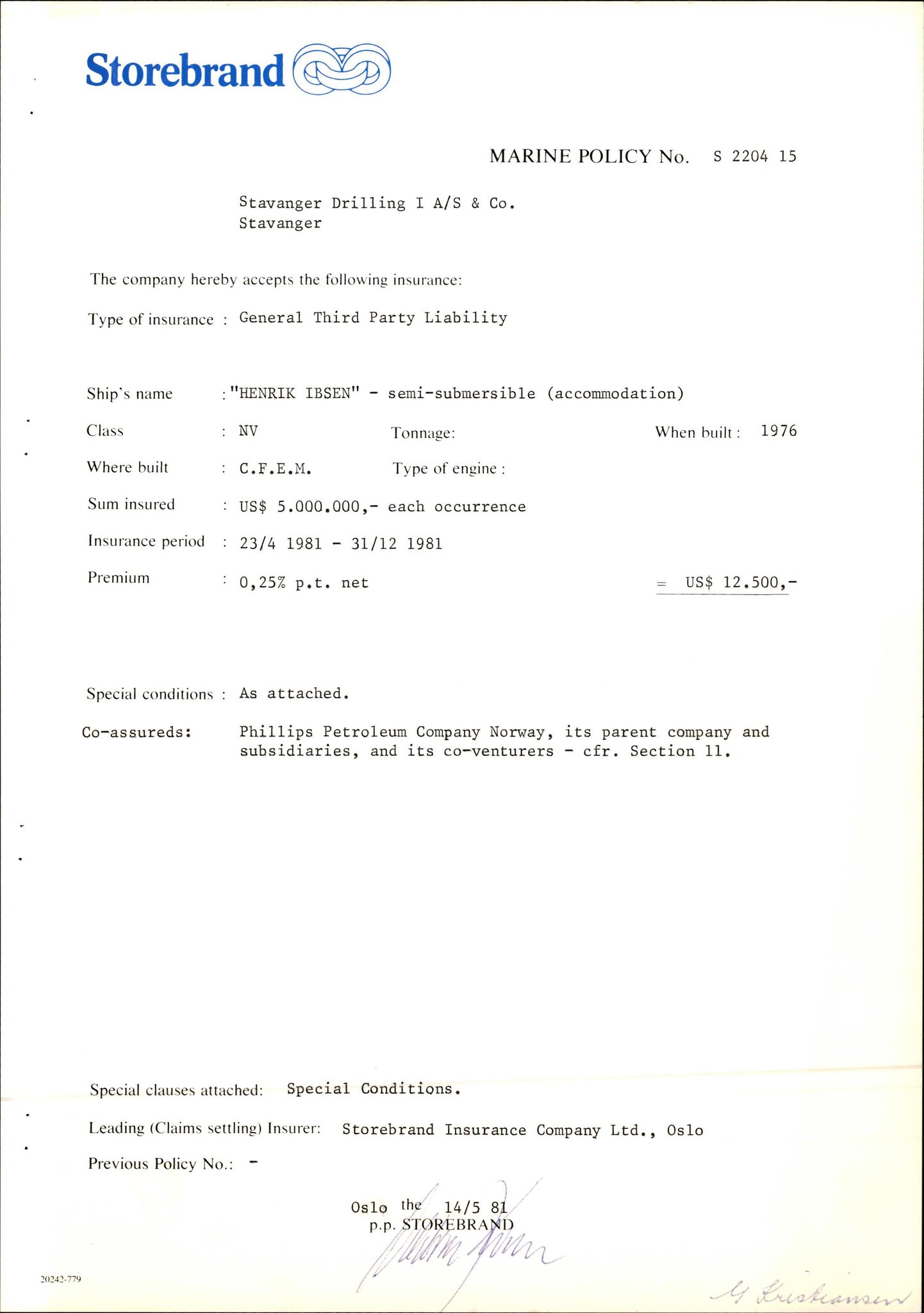 Pa 1503 - Stavanger Drilling AS, AV/SAST-A-101906/2/E/Ec/Eca/L0009: Forsikring, 1975-1980