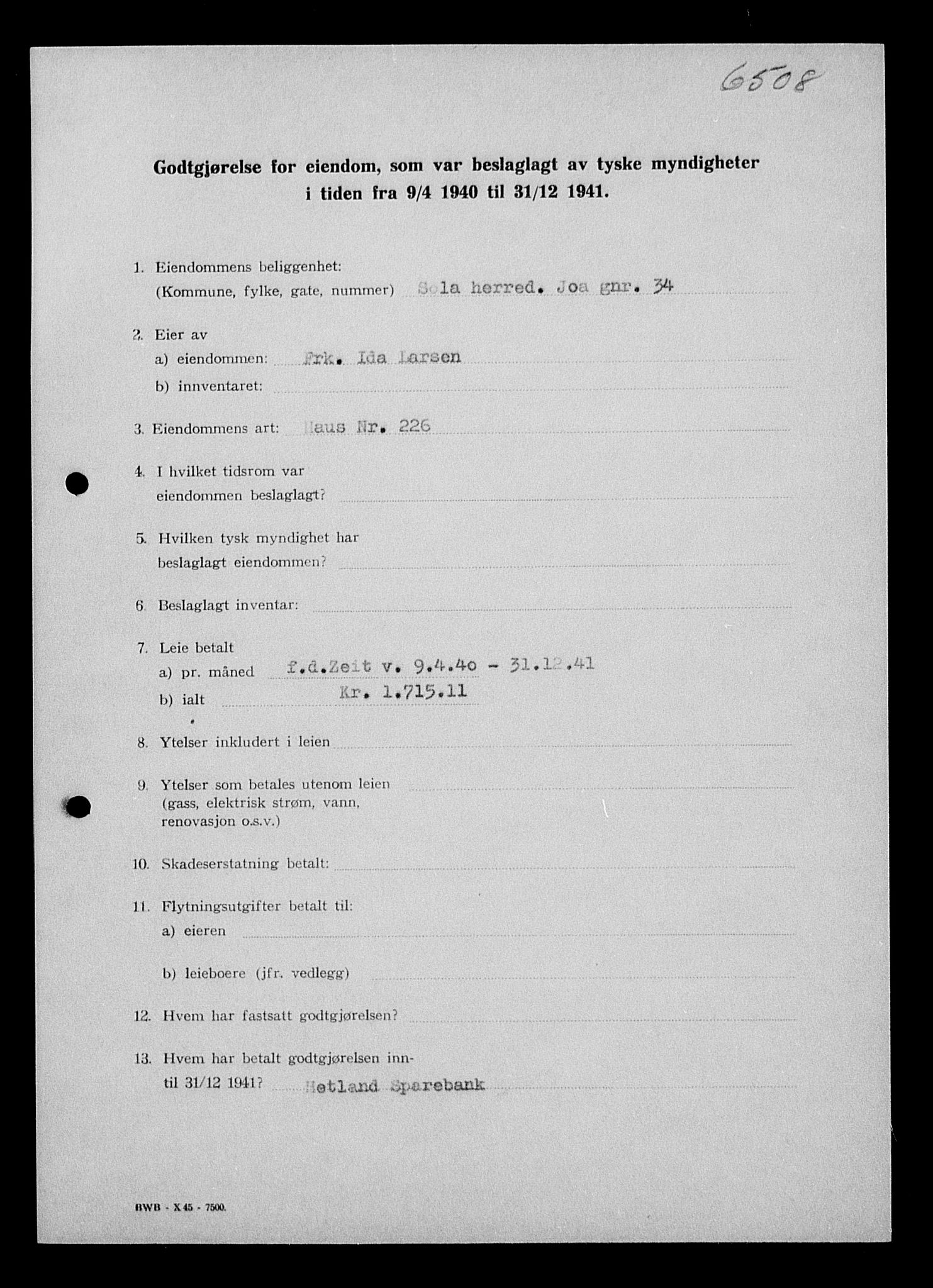 Justisdepartementet, Tilbakeføringskontoret for inndratte formuer, AV/RA-S-1564/I/L1014: Godtgjørelse for beslaglagt eiendom, 1940-1941, s. 479