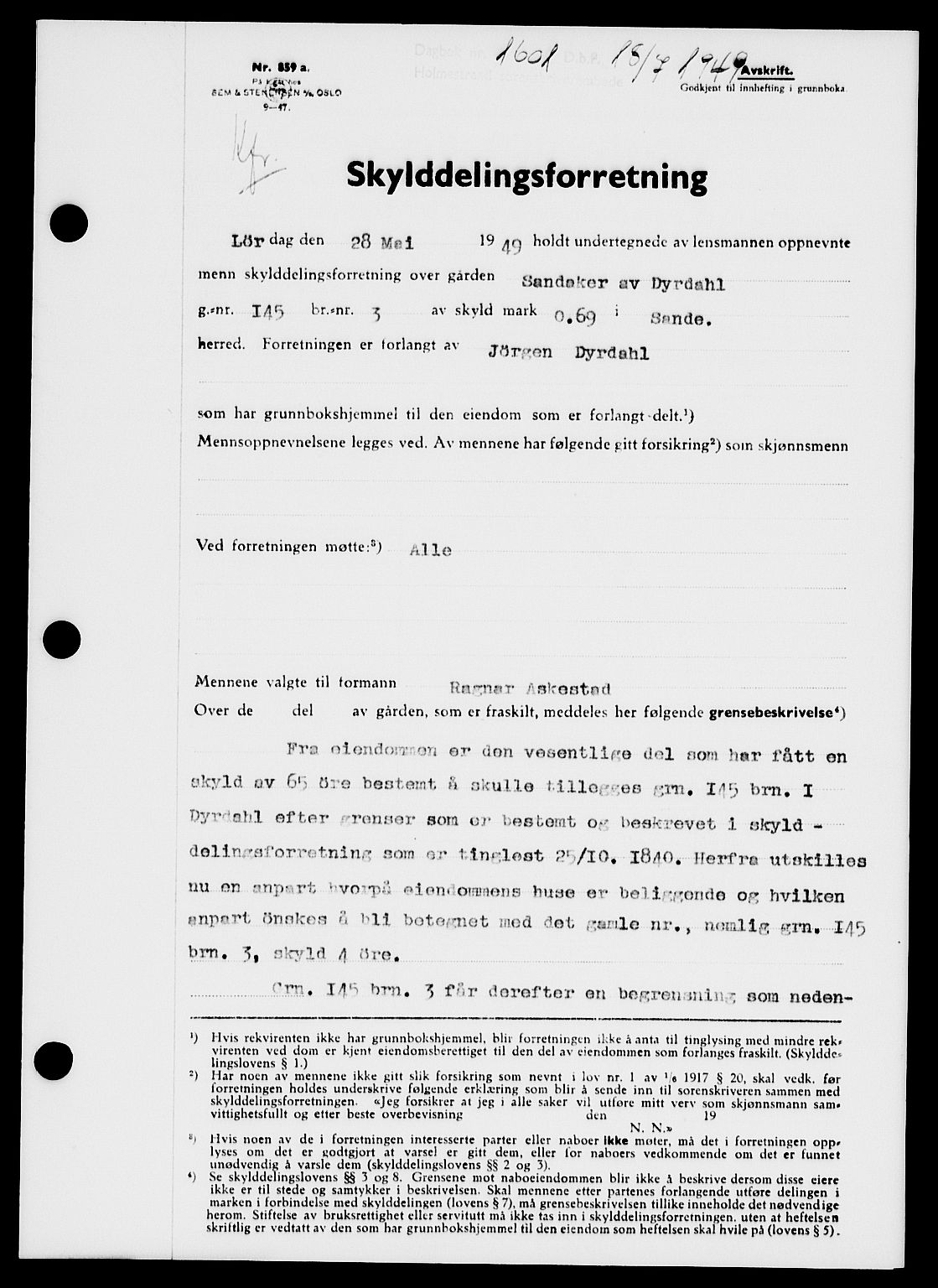 Holmestrand sorenskriveri, SAKO/A-67/G/Ga/Gaa/L0067: Pantebok nr. A-67, 1949-1949, Dagboknr: 1601/1949