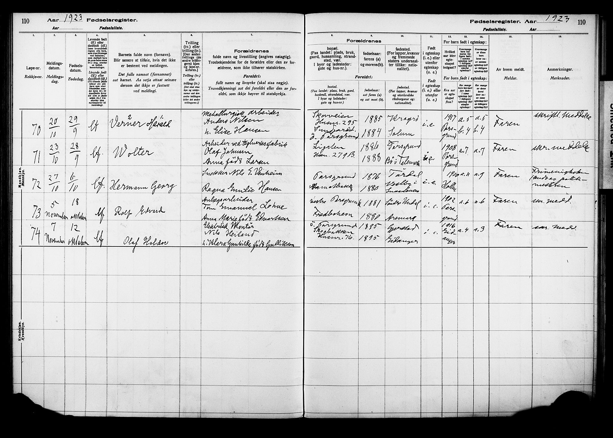 Porsgrunn kirkebøker , AV/SAKO-A-104/J/Ja/L0001: Fødselsregister nr. 1, 1916-1929, s. 110