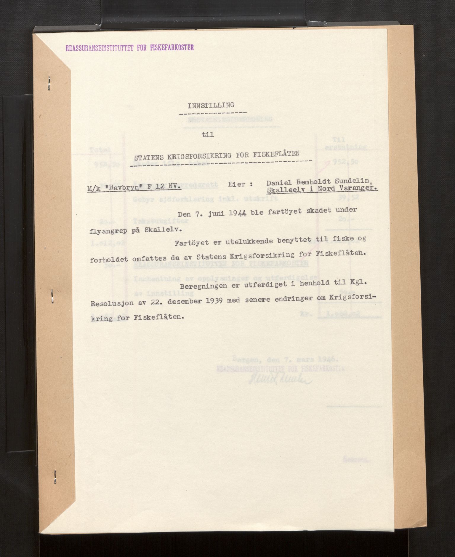 Fiskeridirektoratet - 1 Adm. ledelse - 13 Båtkontoret, AV/SAB-A-2003/La/L0042: Statens krigsforsikring for fiskeflåten, 1936-1971, s. 805