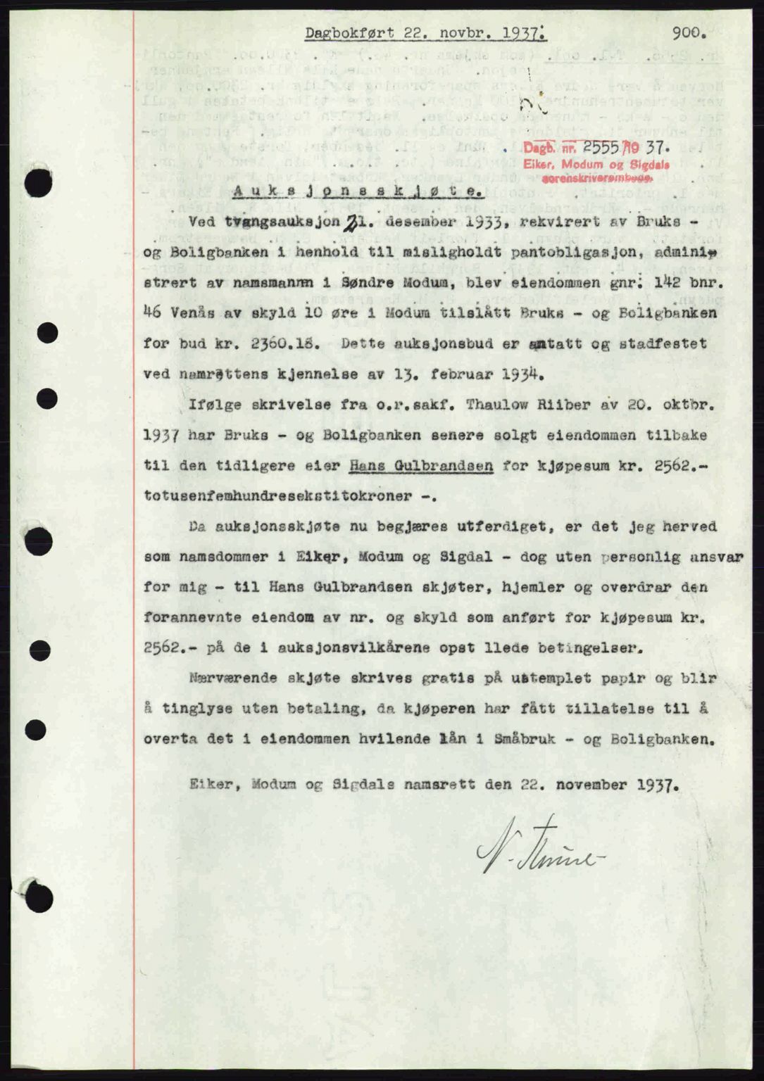 Eiker, Modum og Sigdal sorenskriveri, SAKO/A-123/G/Ga/Gab/L0036: Pantebok nr. A6, 1937-1937, Dagboknr: 2555/1937
