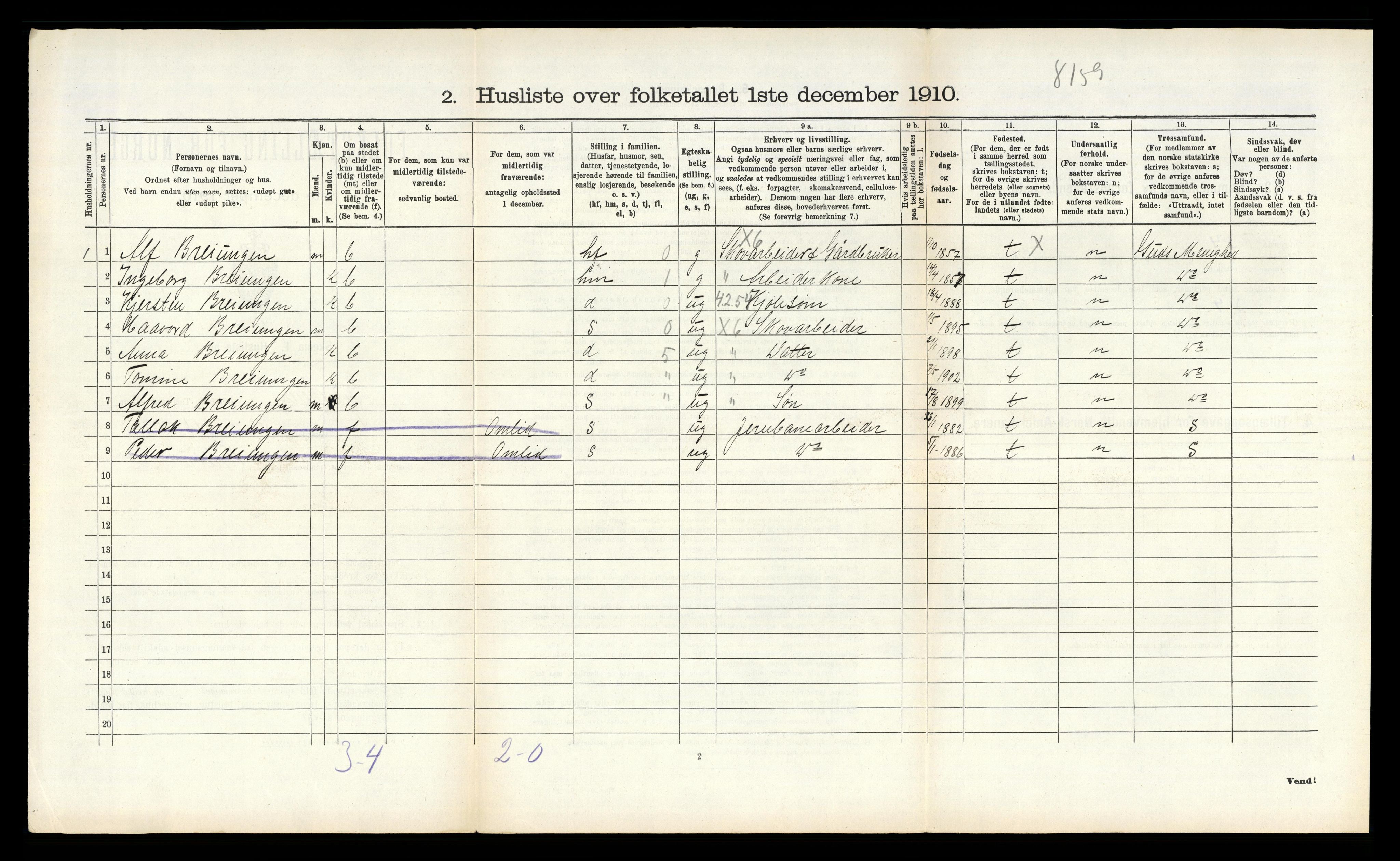 RA, Folketelling 1910 for 0912 Vegårshei herred, 1910, s. 555