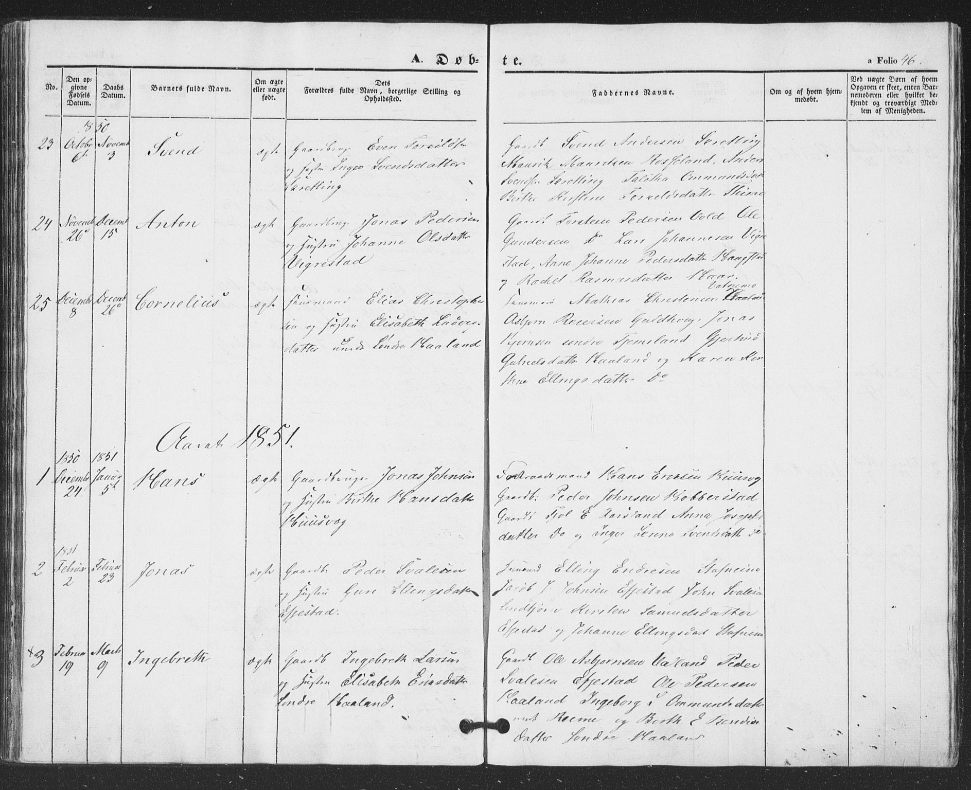 Hå sokneprestkontor, AV/SAST-A-101801/001/30BA/L0007: Ministerialbok nr. A 6, 1842-1855, s. 46
