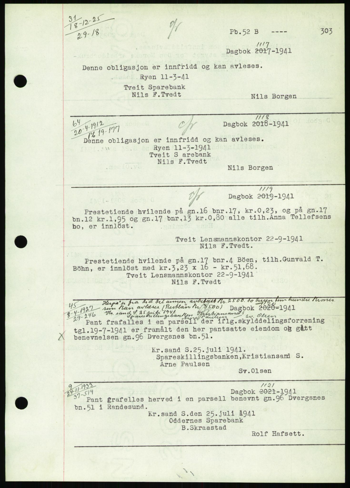 Torridal sorenskriveri, SAK/1221-0012/G/Gb/Gbb/L0008: Pantebok nr. 52b, 1940-1942, Dagboknr: 1117/1941