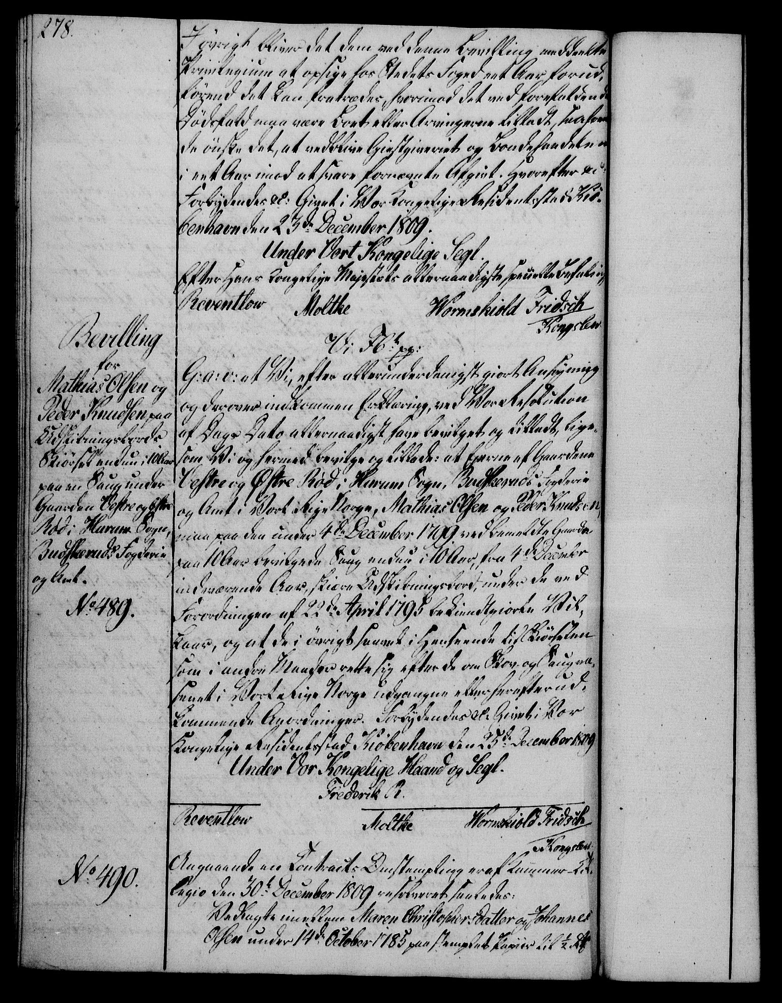 Rentekammeret, Kammerkanselliet, RA/EA-3111/G/Gg/Gga/L0019: Norsk ekspedisjonsprotokoll med register (merket RK 53.19), 1807-1810, s. 278