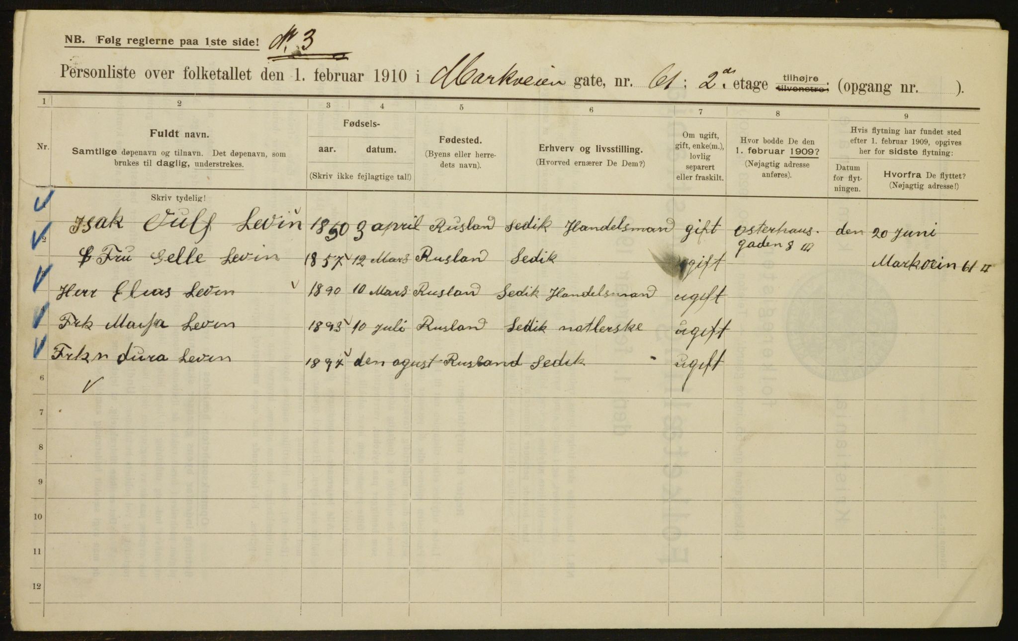 OBA, Kommunal folketelling 1.2.1910 for Kristiania, 1910, s. 62308