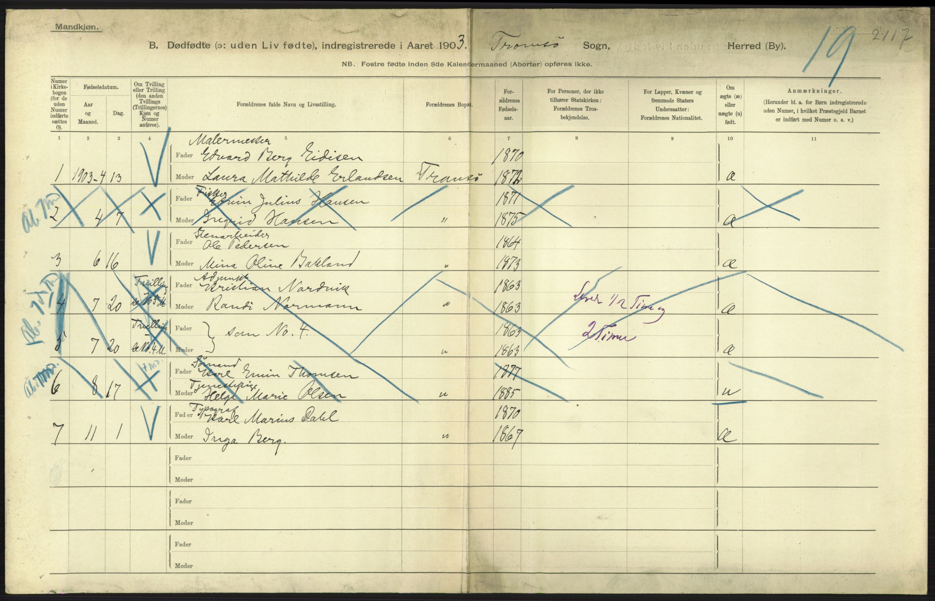 Statistisk sentralbyrå, Sosiodemografiske emner, Befolkning, AV/RA-S-2228/D/Df/Dfa/Dfaa/L0026: Smålenenes - Finnmarkens amt: Dødfødte. Byer., 1903, s. 171