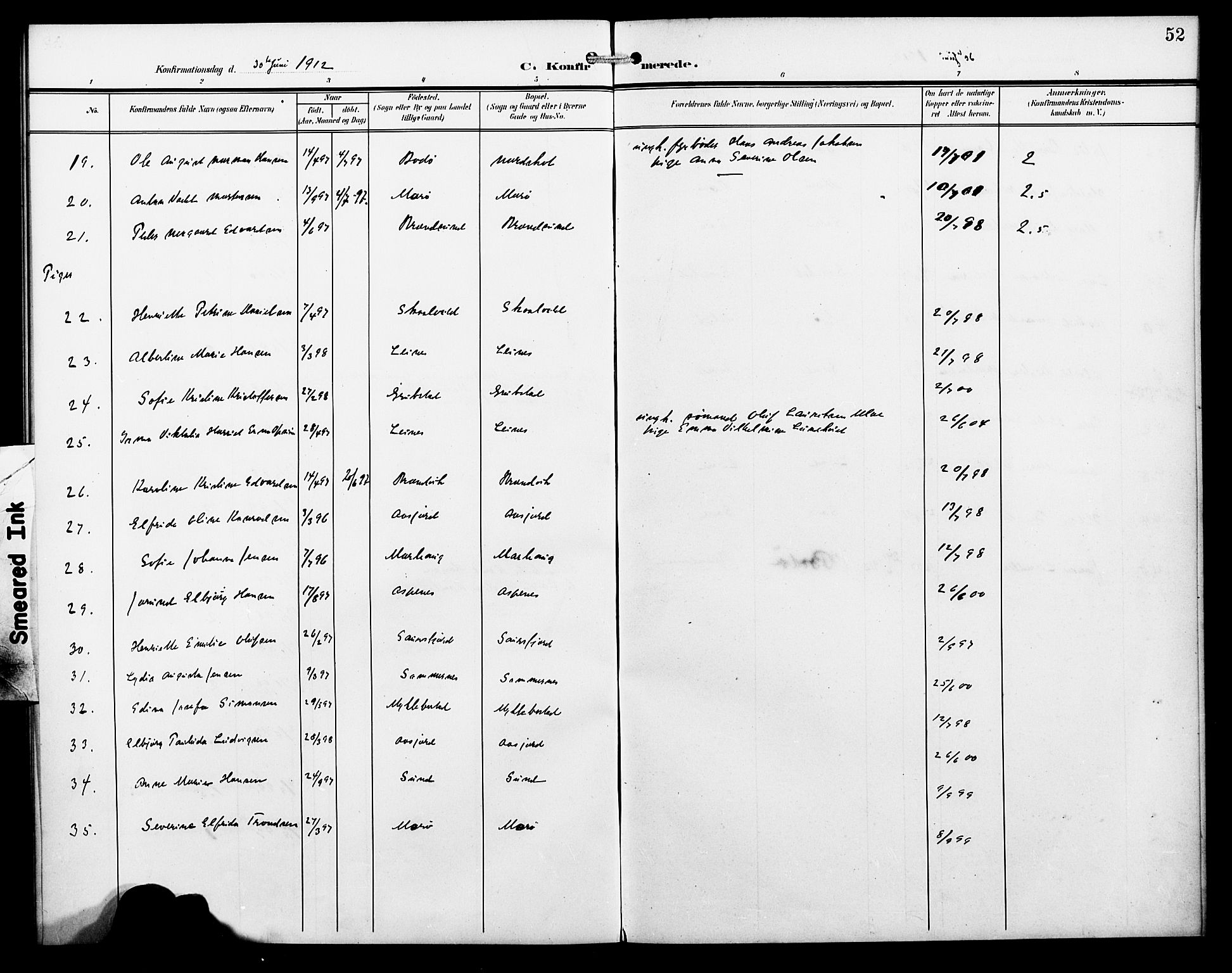 Ministerialprotokoller, klokkerbøker og fødselsregistre - Nordland, SAT/A-1459/857/L0829: Klokkerbok nr. 857C04, 1906-1916, s. 52