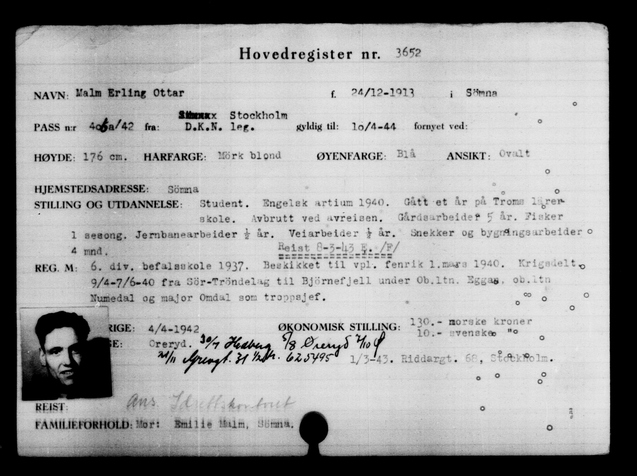 Utenriksstasjonene, Legasjonen i Stockholm, Flyktningkontoret, AV/RA-S-6753/V/Va/L0004: Kjesäterkartoteket, flyktning nr. 3496-6610, 1940-1945, s. 179