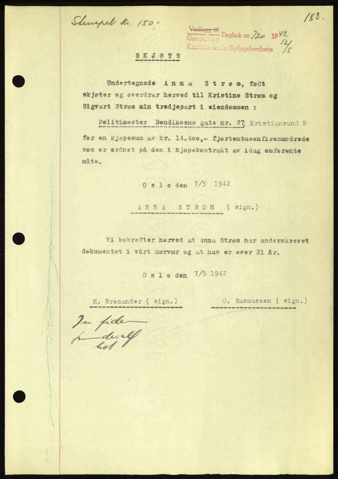 Kristiansund byfogd, AV/SAT-A-4587/A/27: Pantebok nr. 34, 1941-1945, Dagboknr: 720/1942