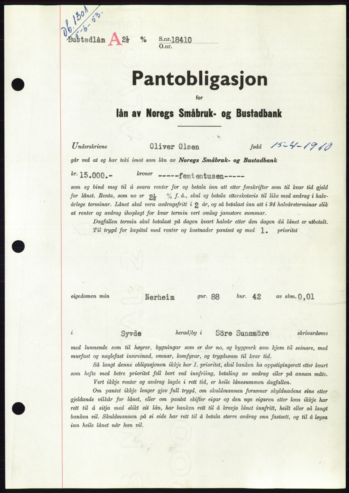 Søre Sunnmøre sorenskriveri, SAT/A-4122/1/2/2C/L0123: Pantebok nr. 11B, 1953-1953, Dagboknr: 1301/1953