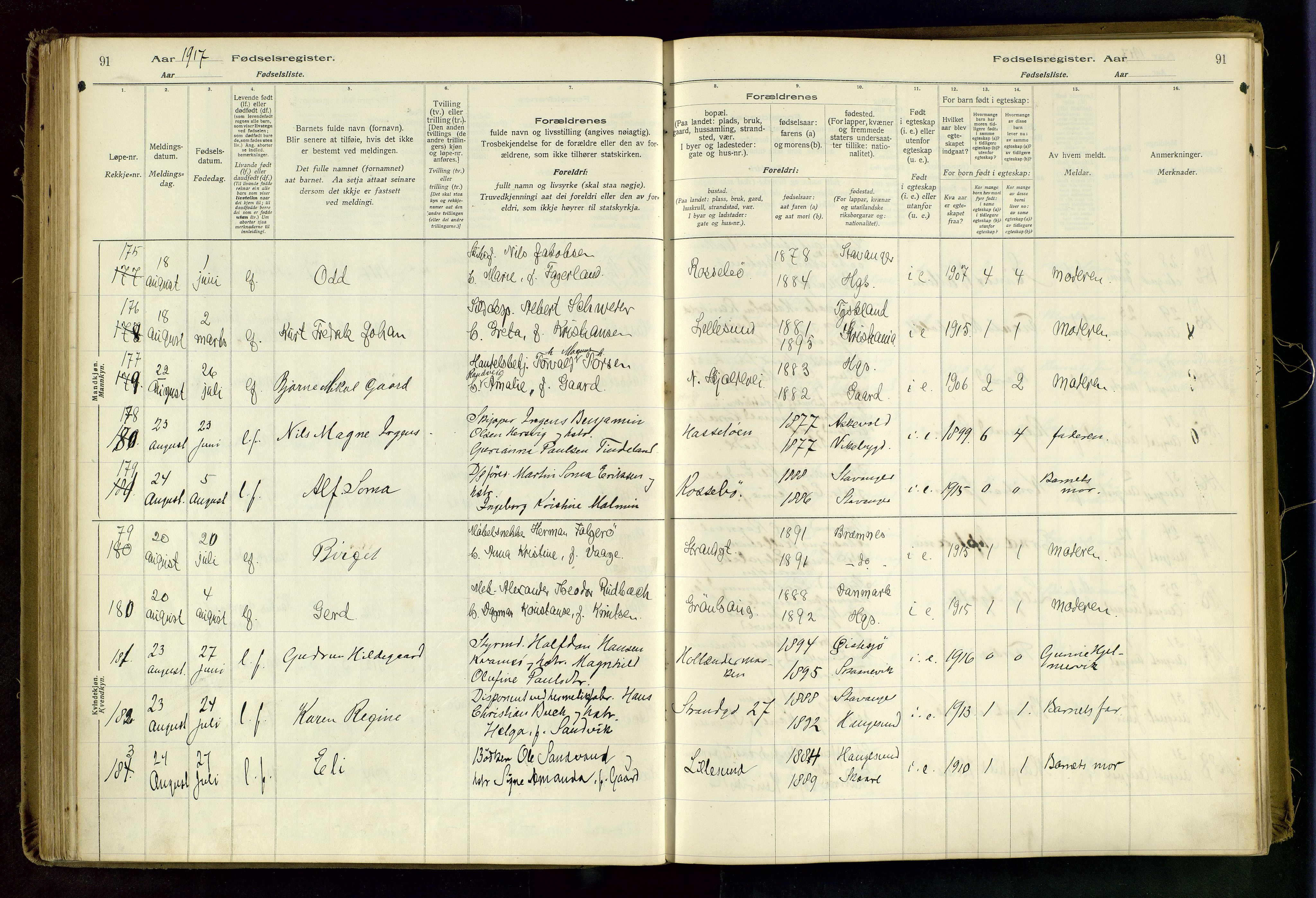 Haugesund sokneprestkontor, AV/SAST-A -101863/I/Id/L0003: Fødselsregister nr. 1, 1916-1919, s. 91