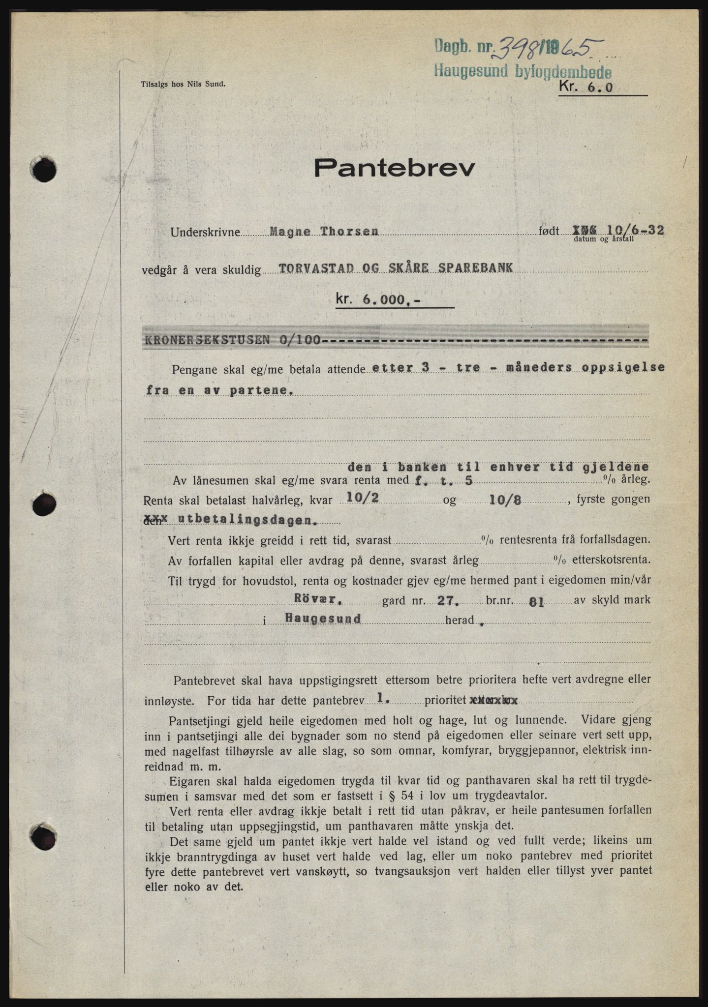 Haugesund tingrett, SAST/A-101415/01/II/IIC/L0053: Pantebok nr. B 53, 1965-1965, Dagboknr: 398/1965